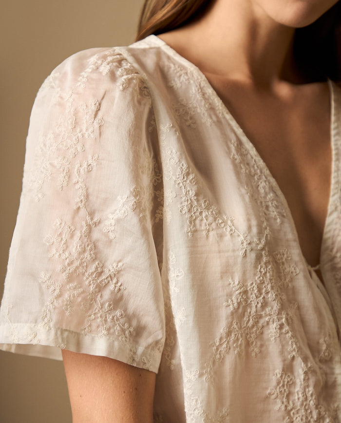 Camisa bordada manga corta cuello V con amarres - Crudo 34_612H021_CRU114201_3