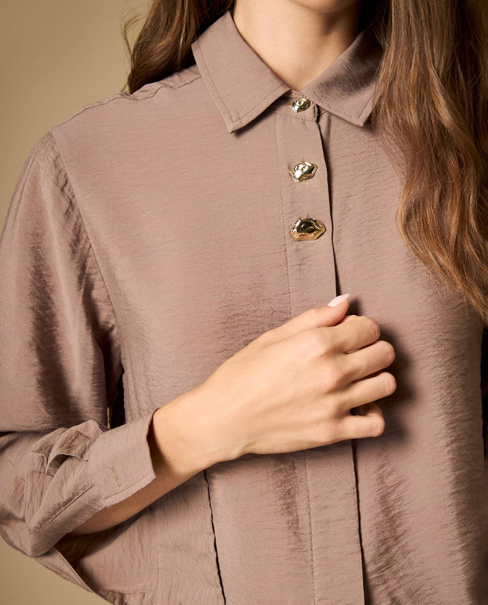 Camisa camisera manga larga con caída fluida - Café 34_612H037_CAF181312_0