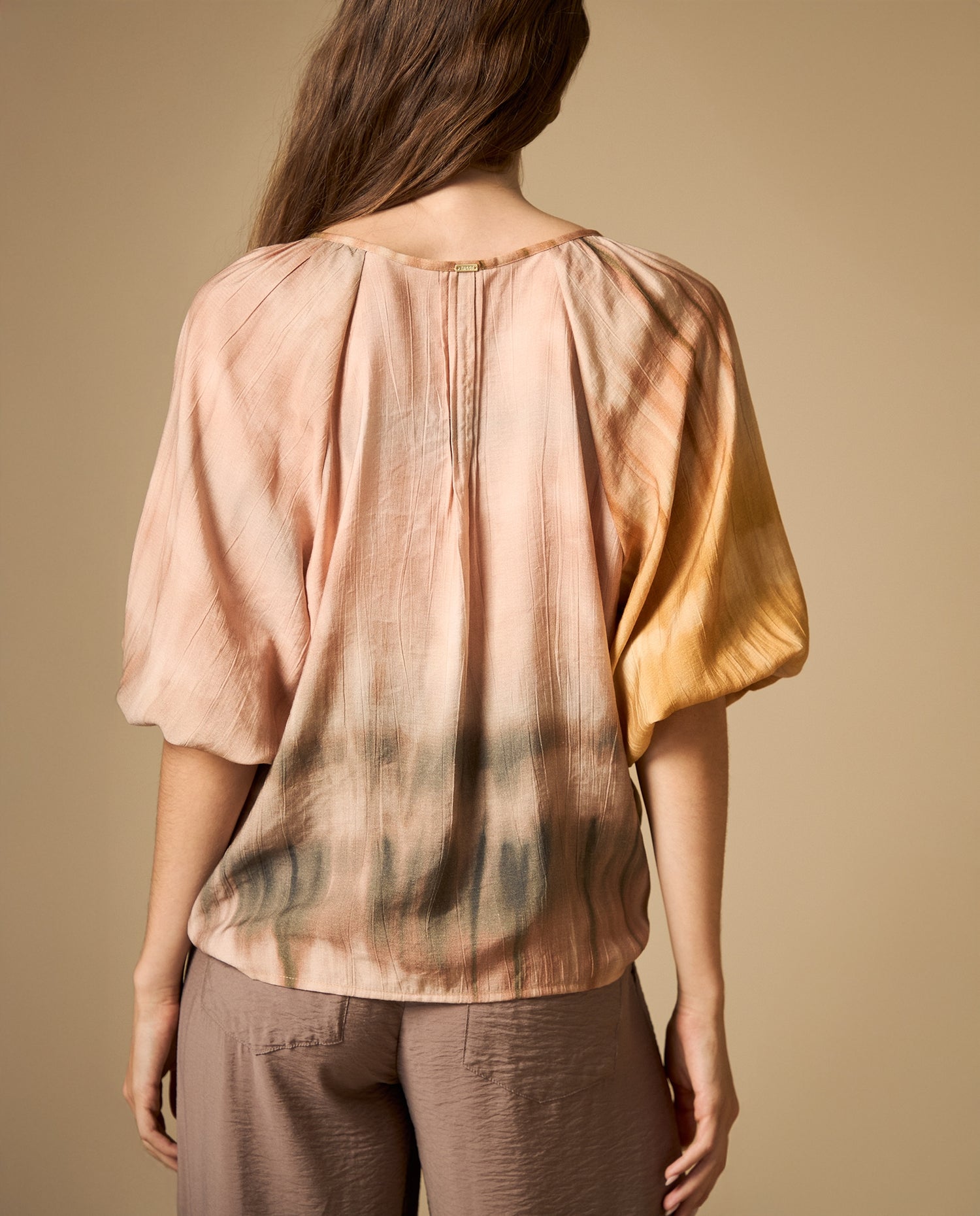 Camisa estampada manga 3/4 con lazo y borlas - Rosa