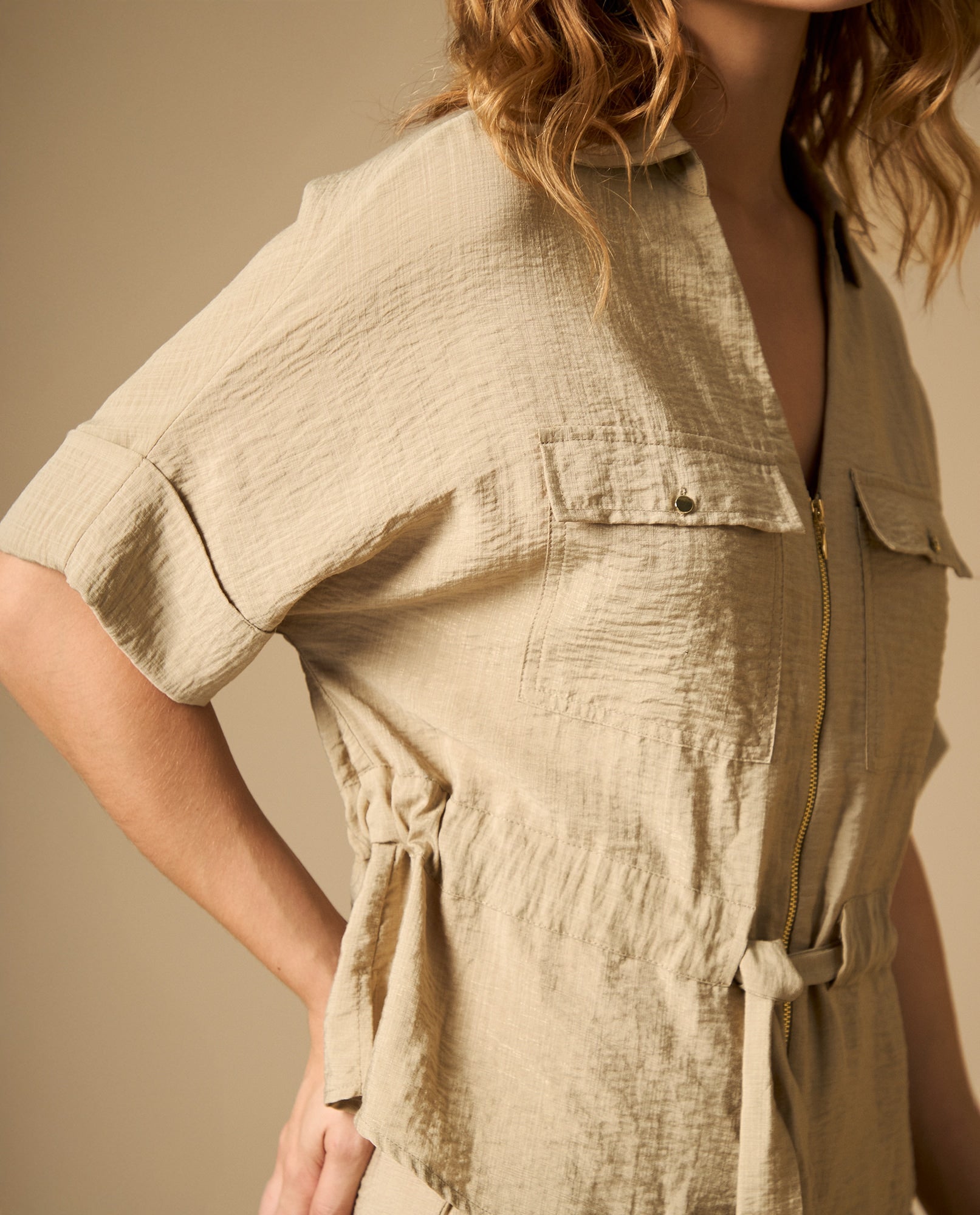 Camisa manga 3/4 con cuello camisero y cinturón - Beige 34_612H039_BEI161110_3