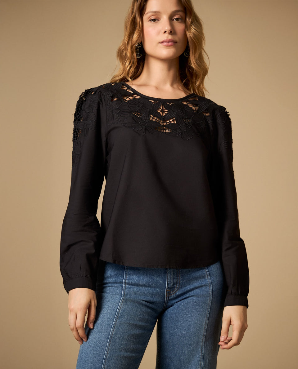 Camisa manga sisa con bordado floral - Negro 34_612H227_NEG190303_3