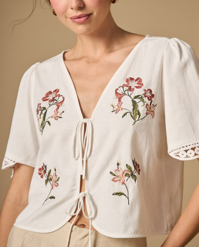 Camisa bordada manga corta cuello en V con lazos - Crudo 34_612H256_CRU114201_3