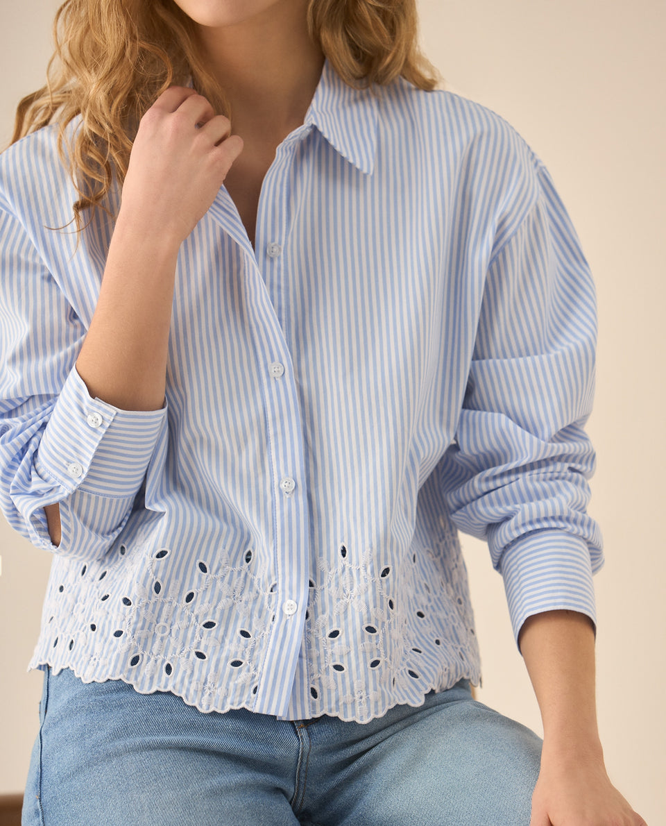 Camisa de diseño a rayas con bordado de flores para mujer  - Azul 34_613G000_AZU193950_3