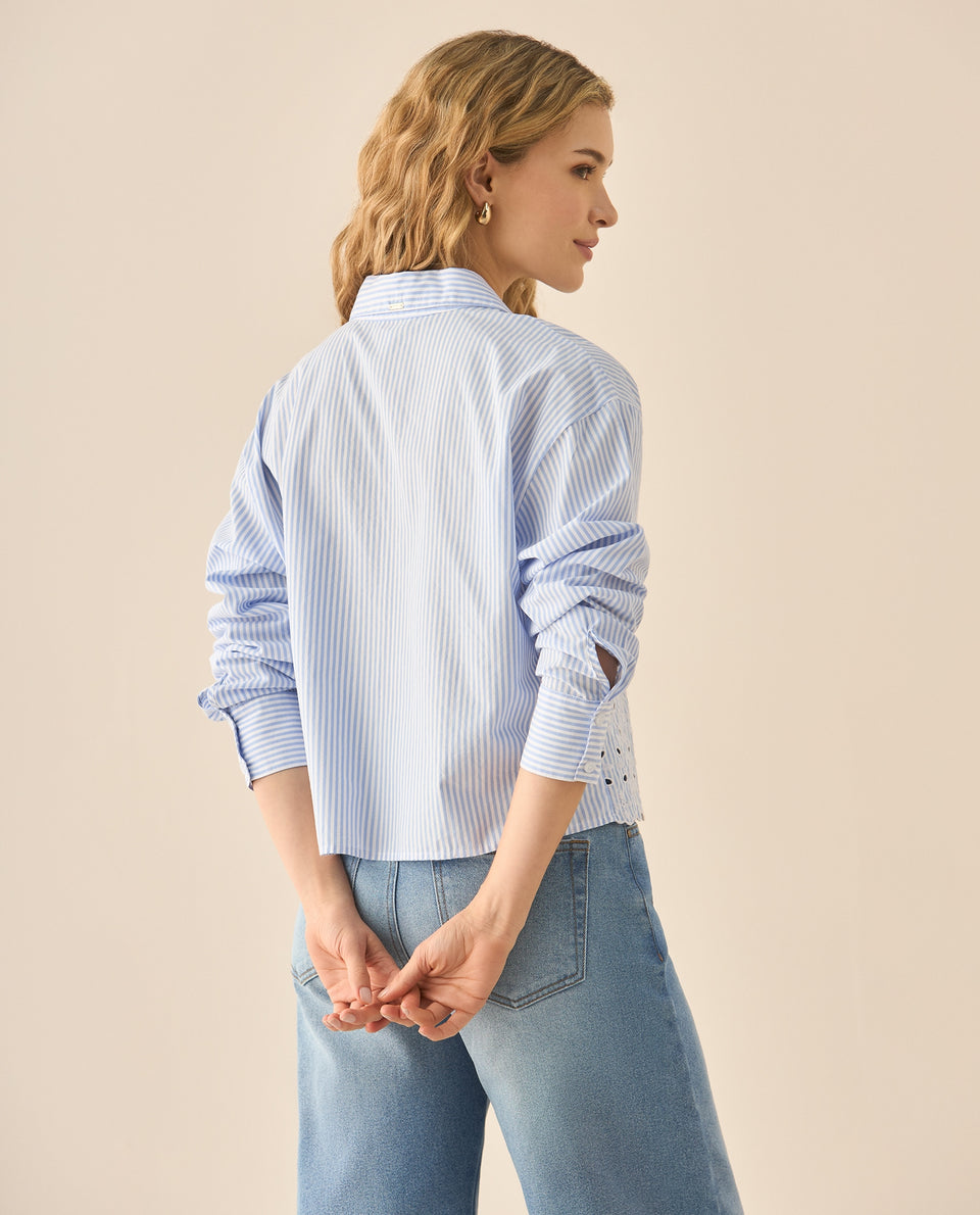 Camisa de diseño a rayas con bordado de flores para mujer  - Azul 34_613G000_AZU193950_4