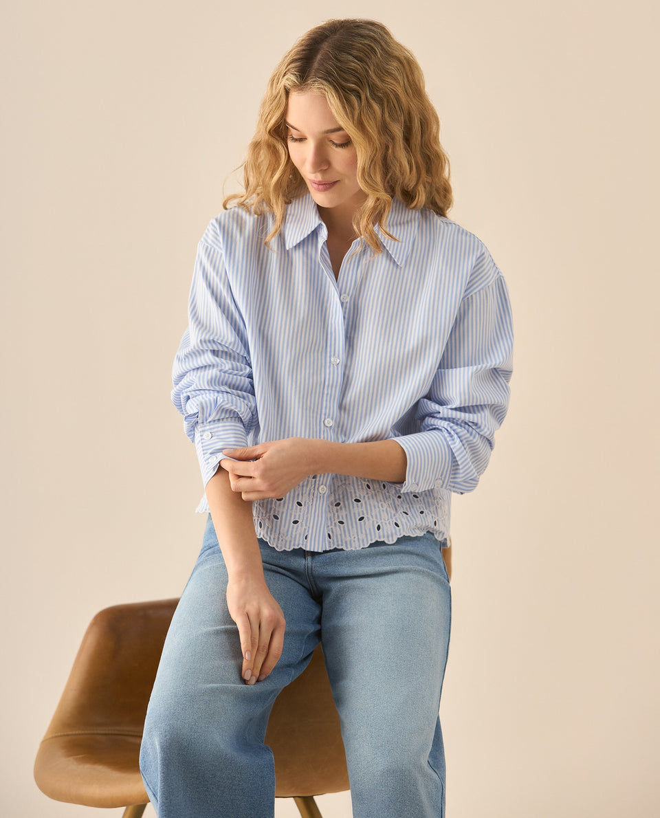 Camisa de diseño a rayas con bordado de flores para mujer  - Azul 34_613G000_AZU193950_5