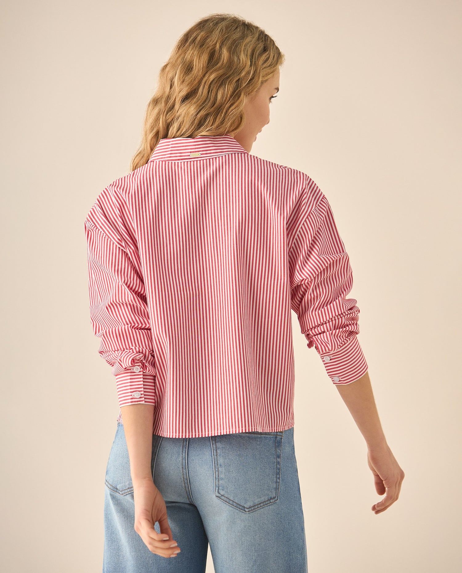 Camisa de diseño a rayas con bordado de flores para mujer  - Rojo