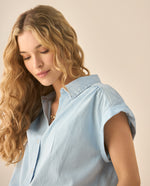 Camisa en índigo con recogido en hombros para mujer  - Azul