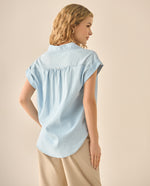 Camisa en índigo con recogido en hombros para mujer  - Azul