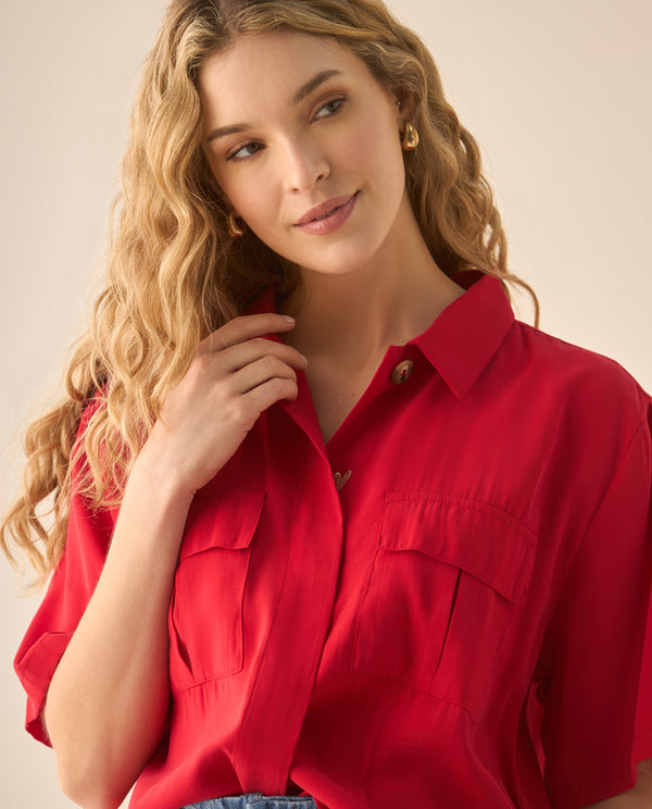 Camisa cuello clásico con bordado para mujer  - Rojo 34_613G007_ROJ191761_0