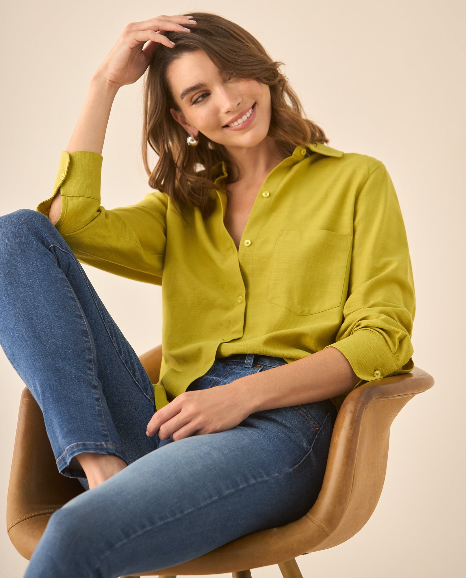 Camisa manga larga de tela texturizada para mujer  - Verde 34_613G020_VER160541_0