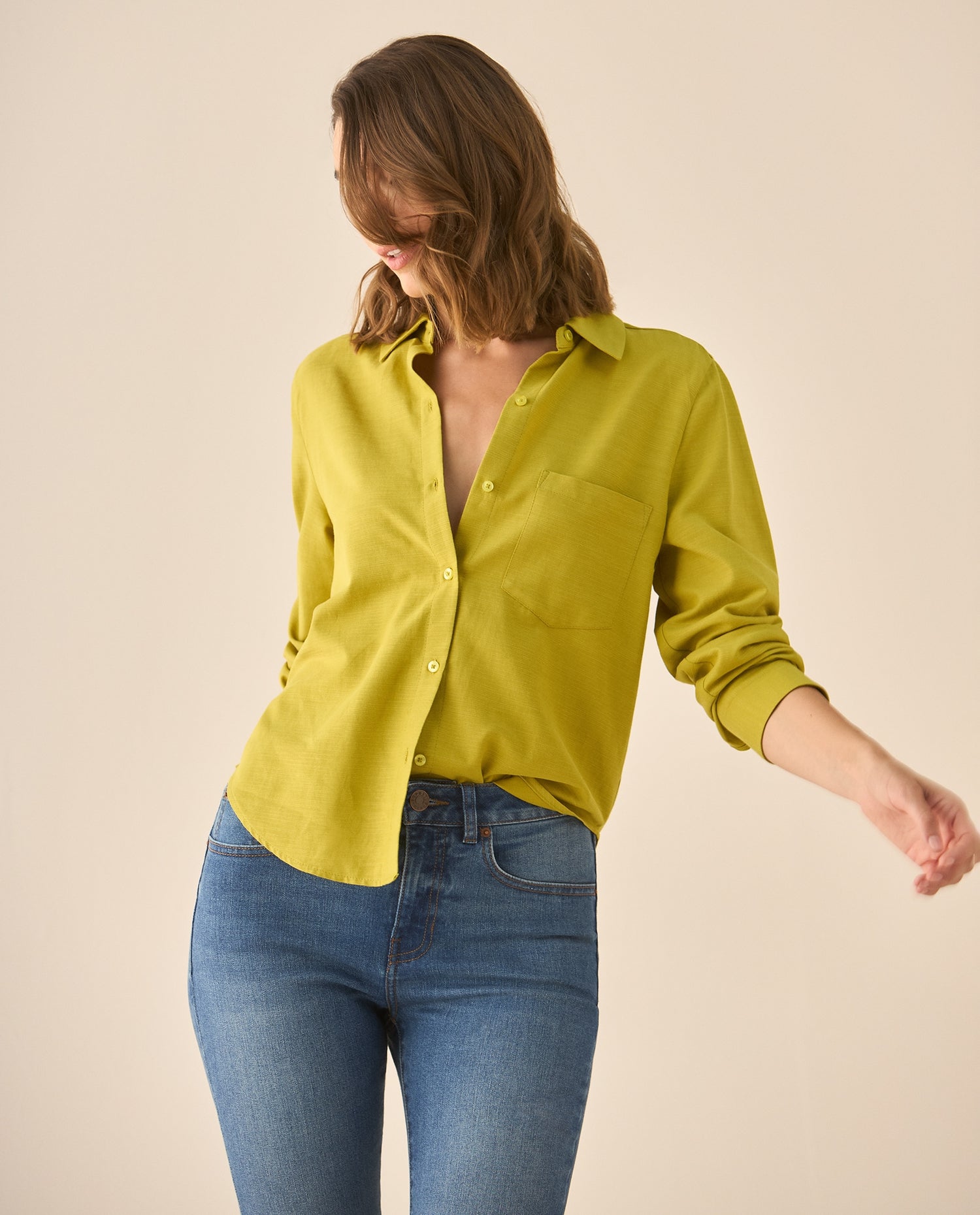 Camisa manga larga de tela texturizada para mujer  - Verde