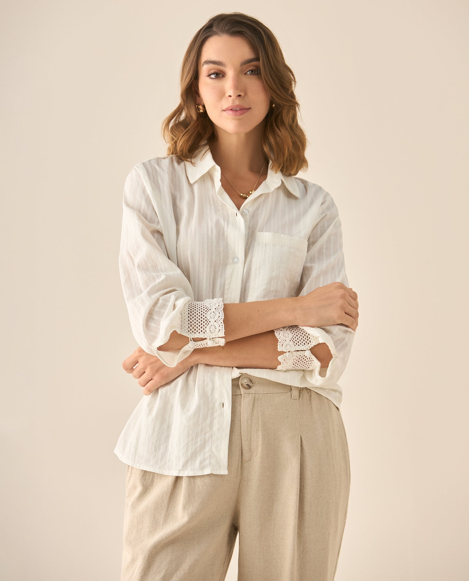 Camisa manga larga de tela con textura para mujer  - Blanco 34_613G024_BLA110601_3