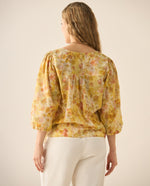 Camisa de diseño abierto con estampado de flores para mujer - Amarillo