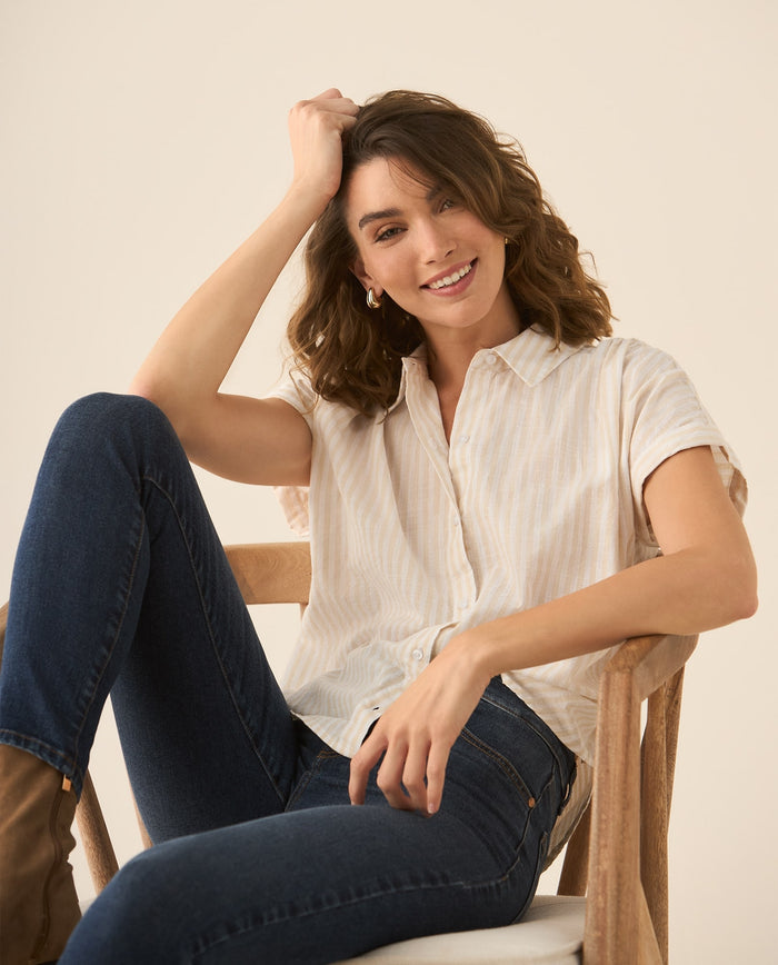 Camisa a rayas con recogido en hombros y posterior para mujer - Amarillo 34_613G032_AMA140837_0