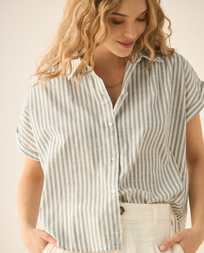 Camisa a rayas con recogido en hombros y posterior para mujer - Verde 34_613G032_VER170627_0