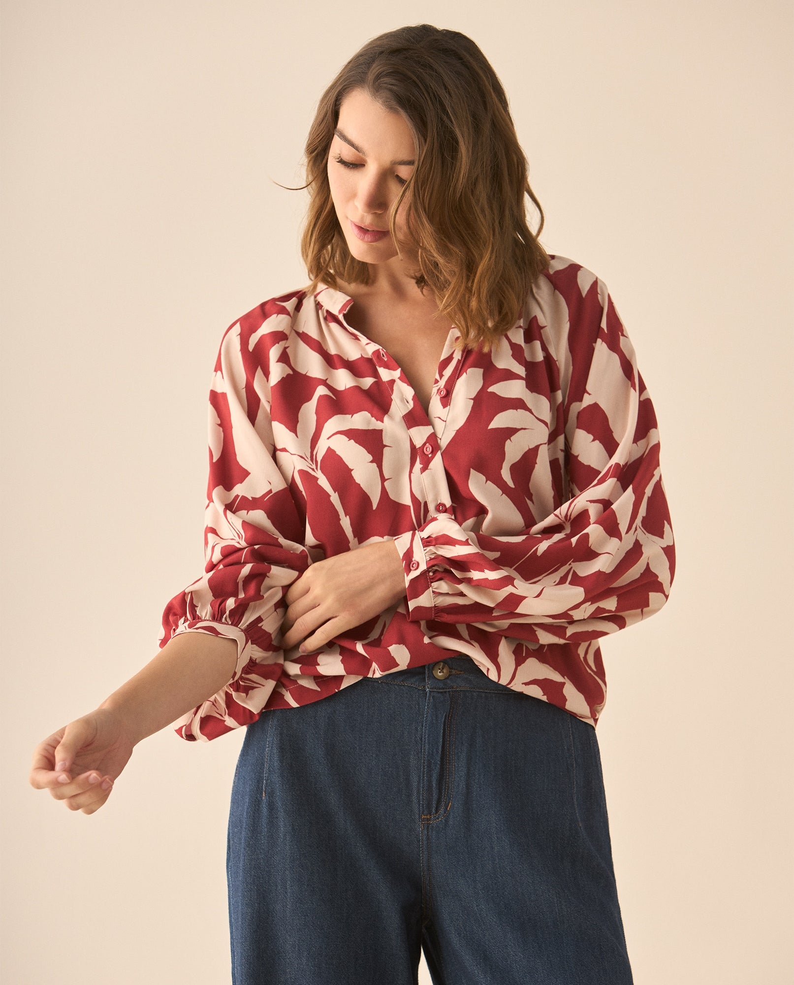 Camisa con media perilla de botones para mujer - Rojo 34_613G038_ROJ191652_0