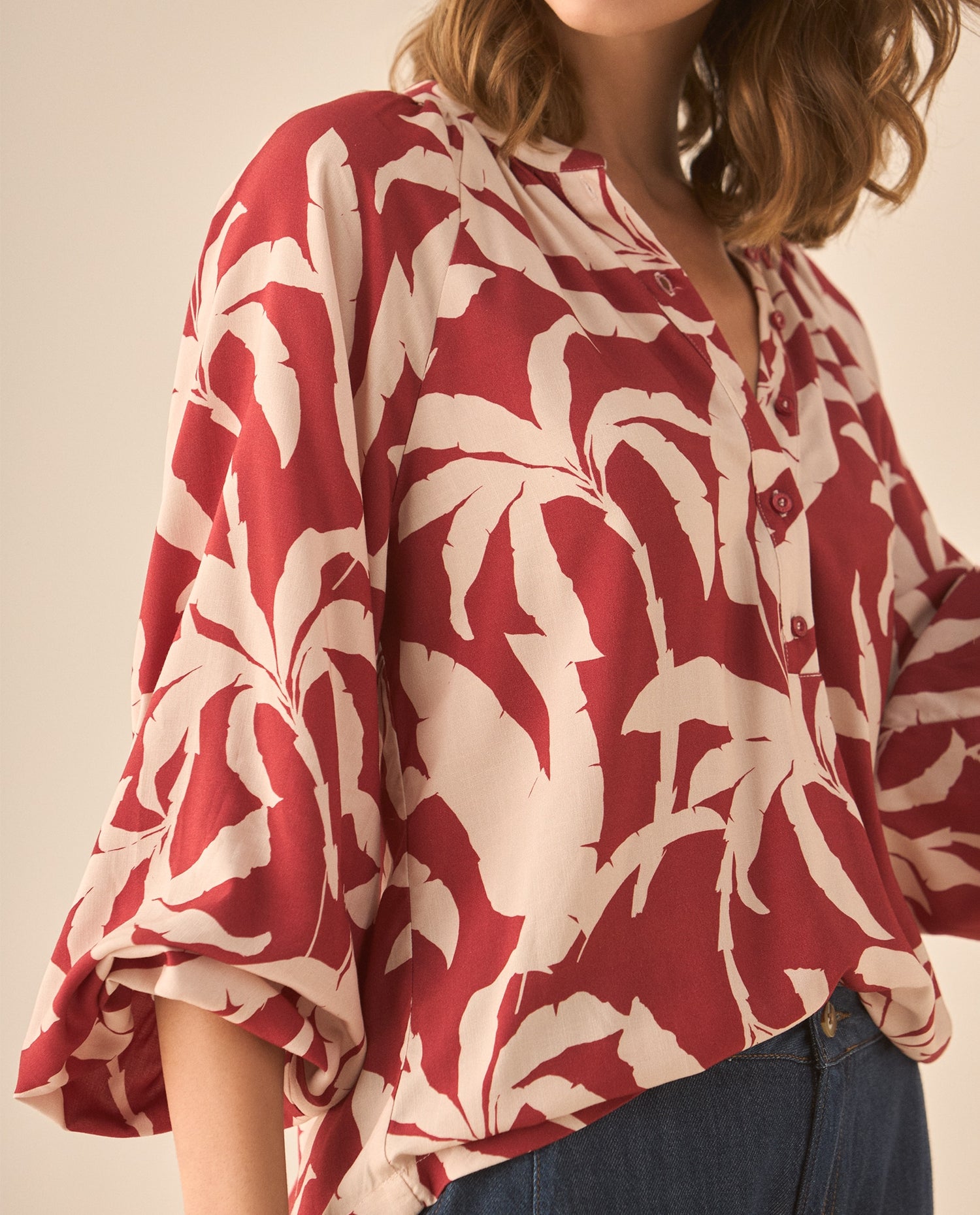 Camisa con media perilla de botones para mujer - Rojo