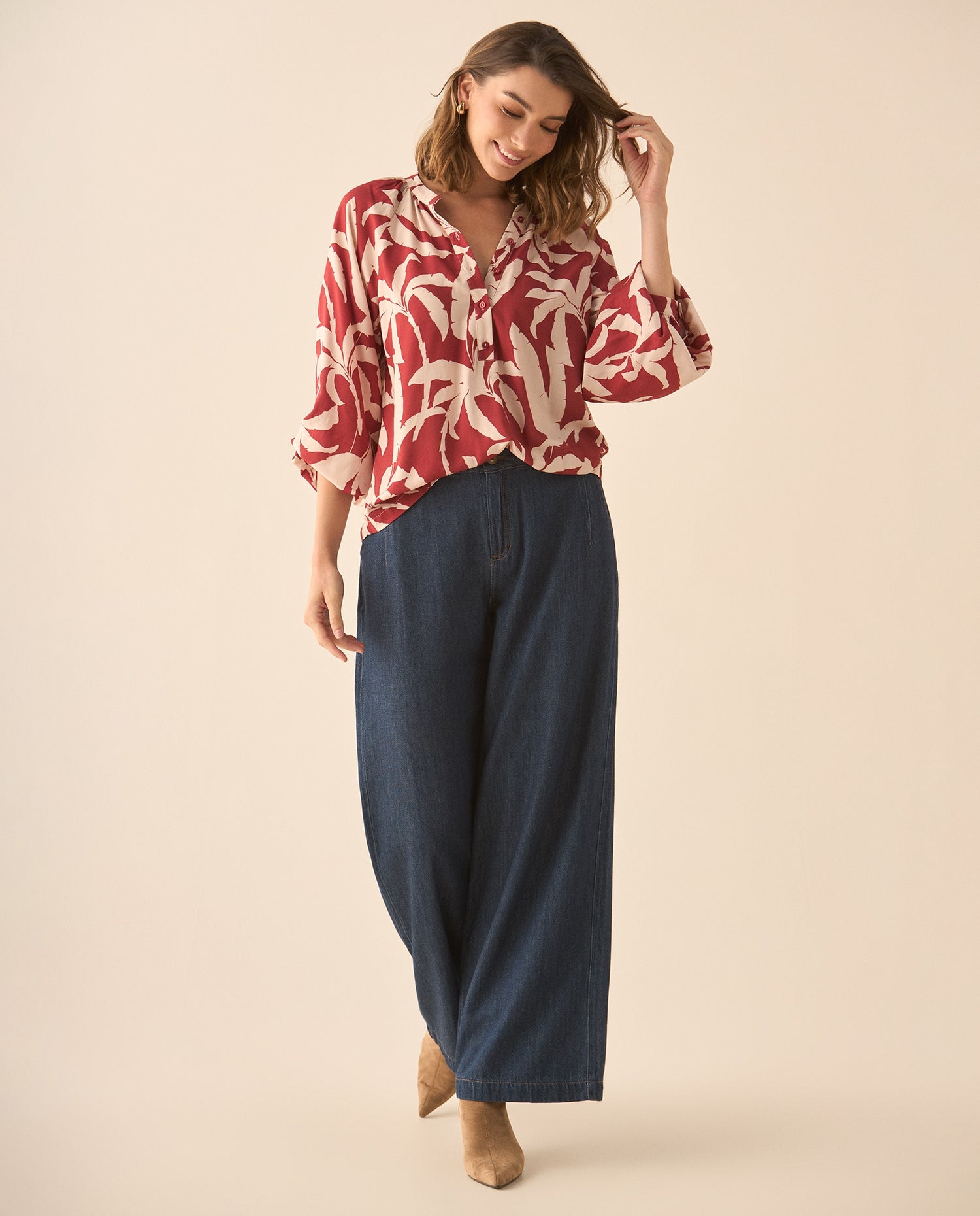 Camisa con media perilla de botones para mujer - Rojo