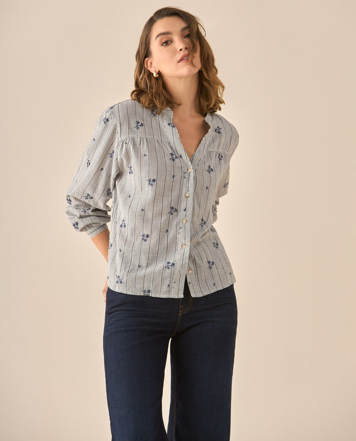 Camisa con apliques de flores bordadas para mujer - Azul 34_613G039_AZU193923_0