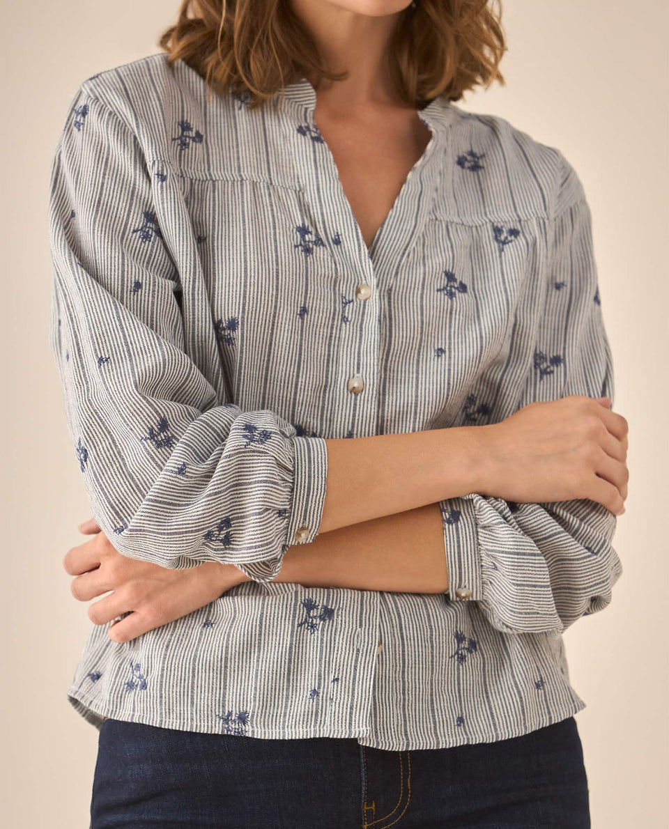Camisa con apliques de flores bordadas para mujer - Azul 34_613G039_AZU193923_3