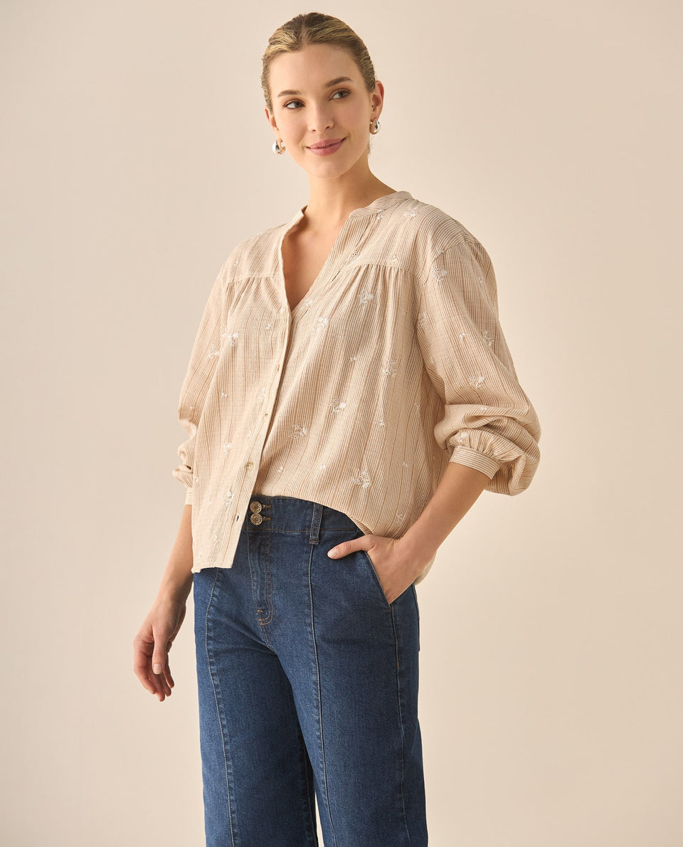 Camisa con apliques de flores bordadas para mujer - Crudo 34_613G039_CRU125202_4