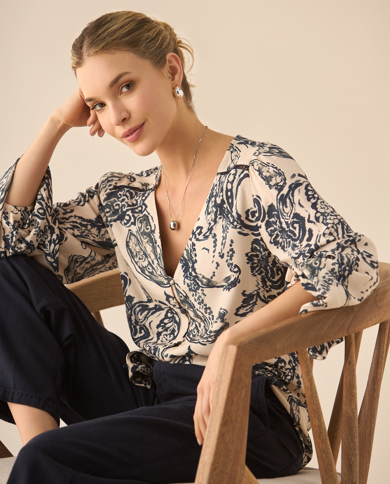 Camisa escote en V estampada para - Azul 34_613G048_AZU193923_0