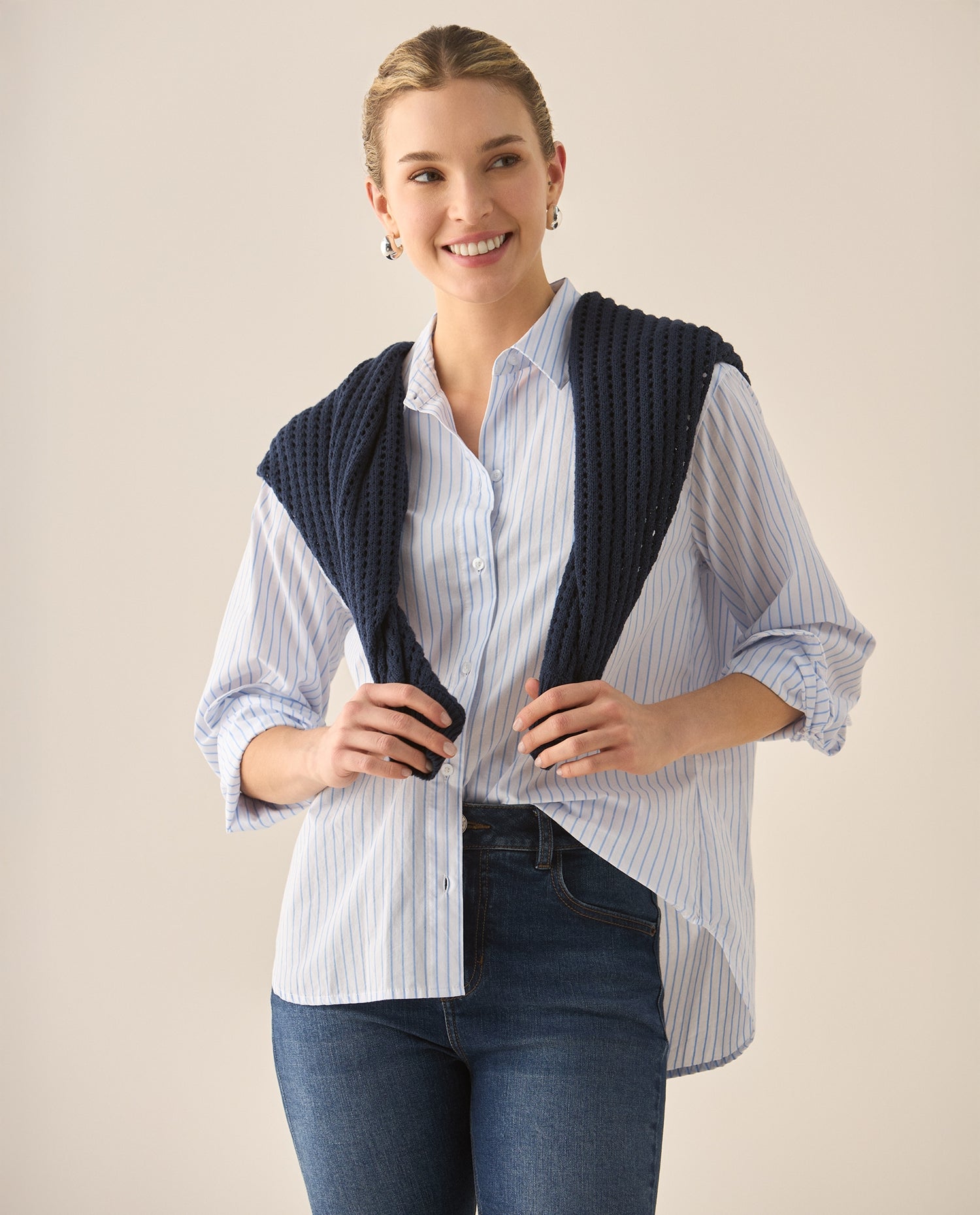 Camisa manga larga de diseño a rayas para mujer  - Blanco