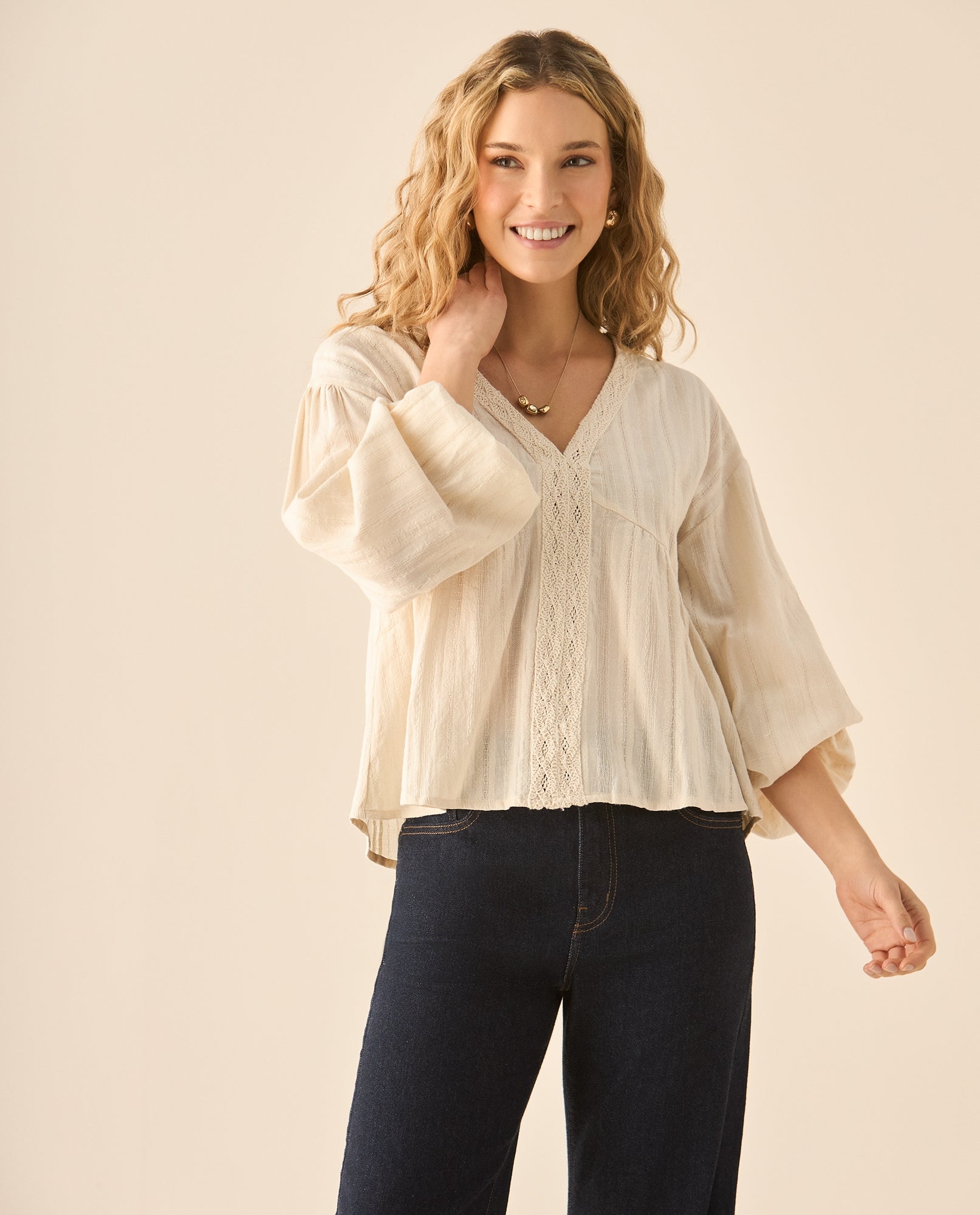 Camisa manga larga con volumen y detalles en crochet para mujer  - Blanco 34_613G091_BLA120601_0