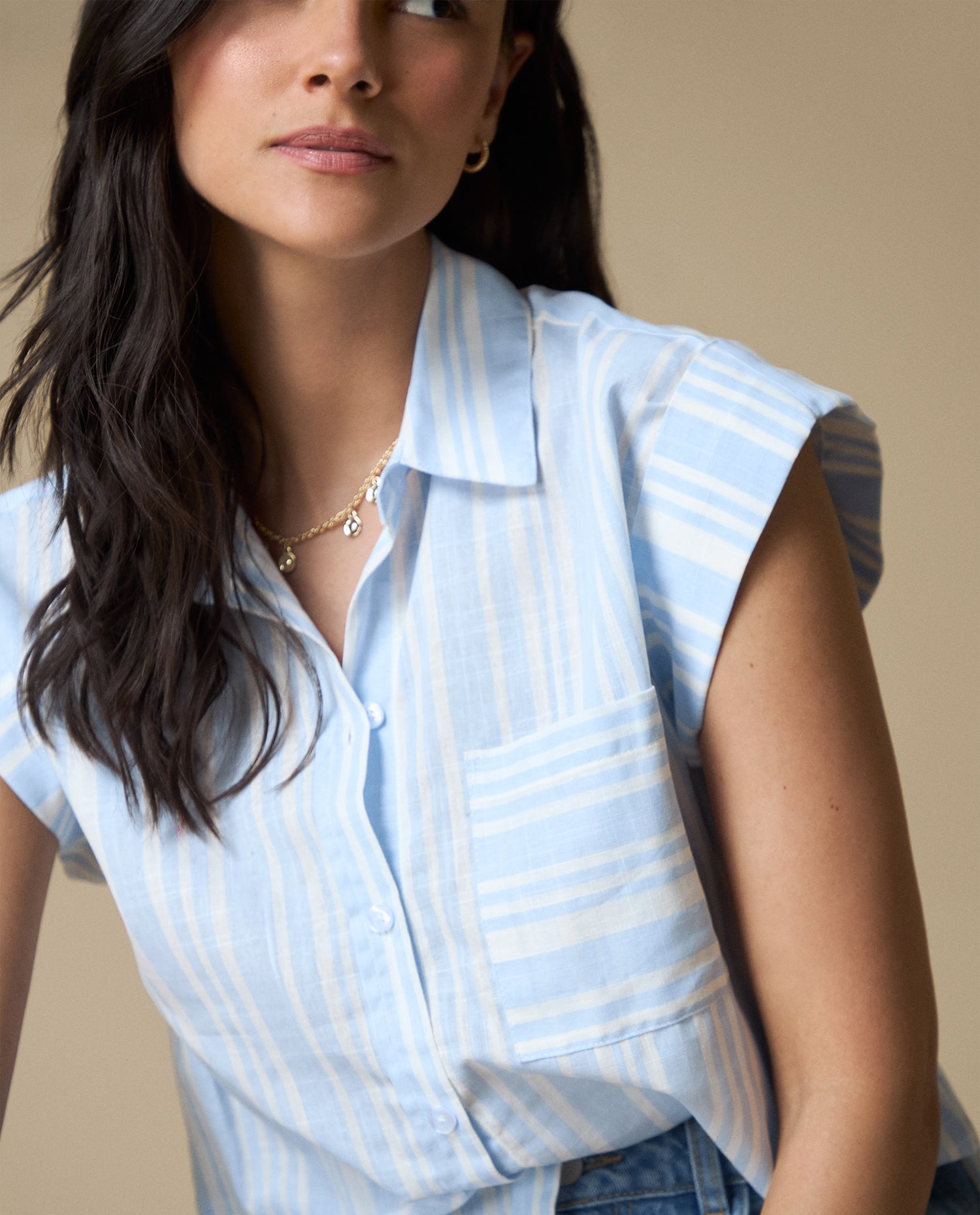Camisa M/C Rayas Azules - Crudo