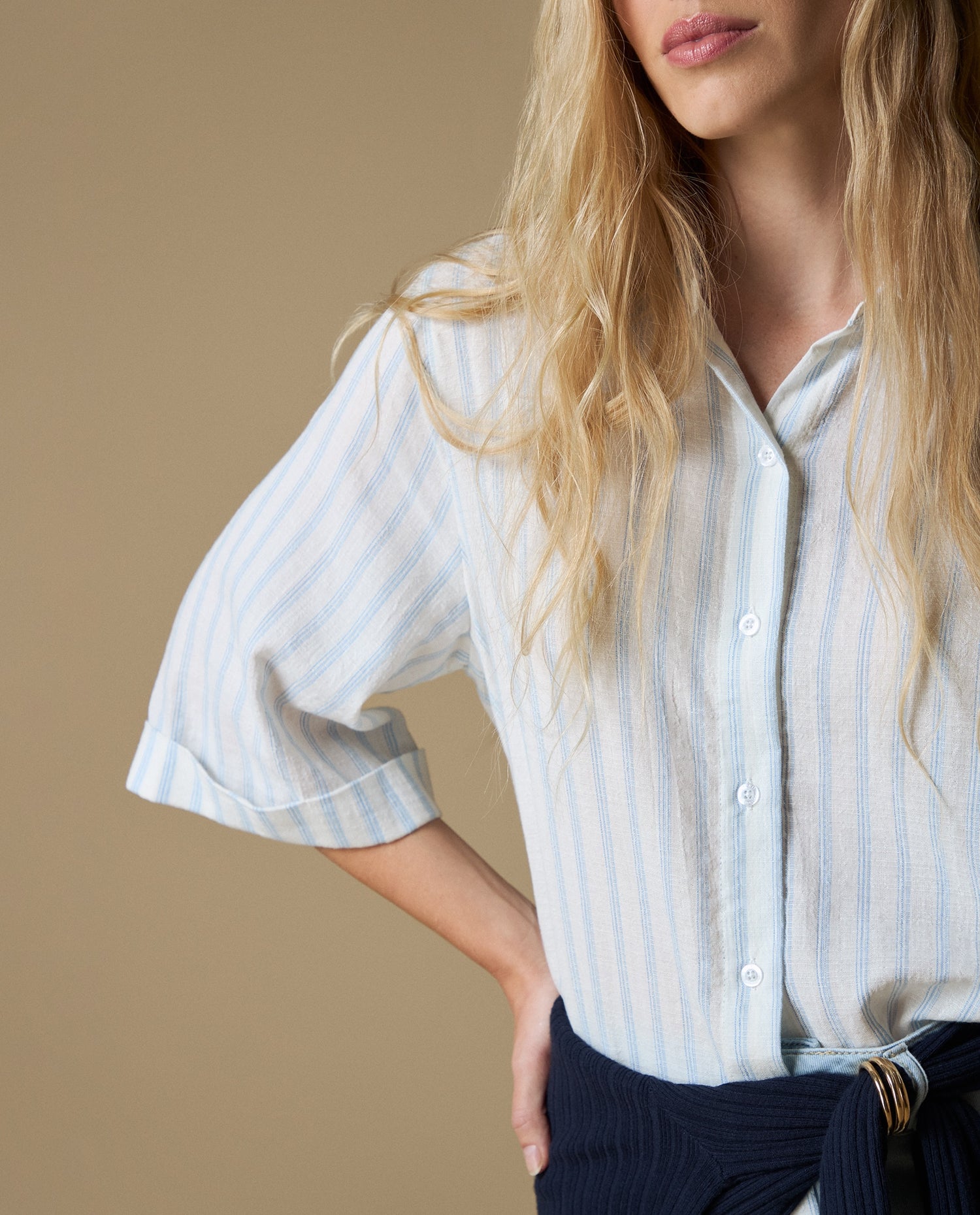 Camisa M/3/4 Rayas Algodón - Blanco