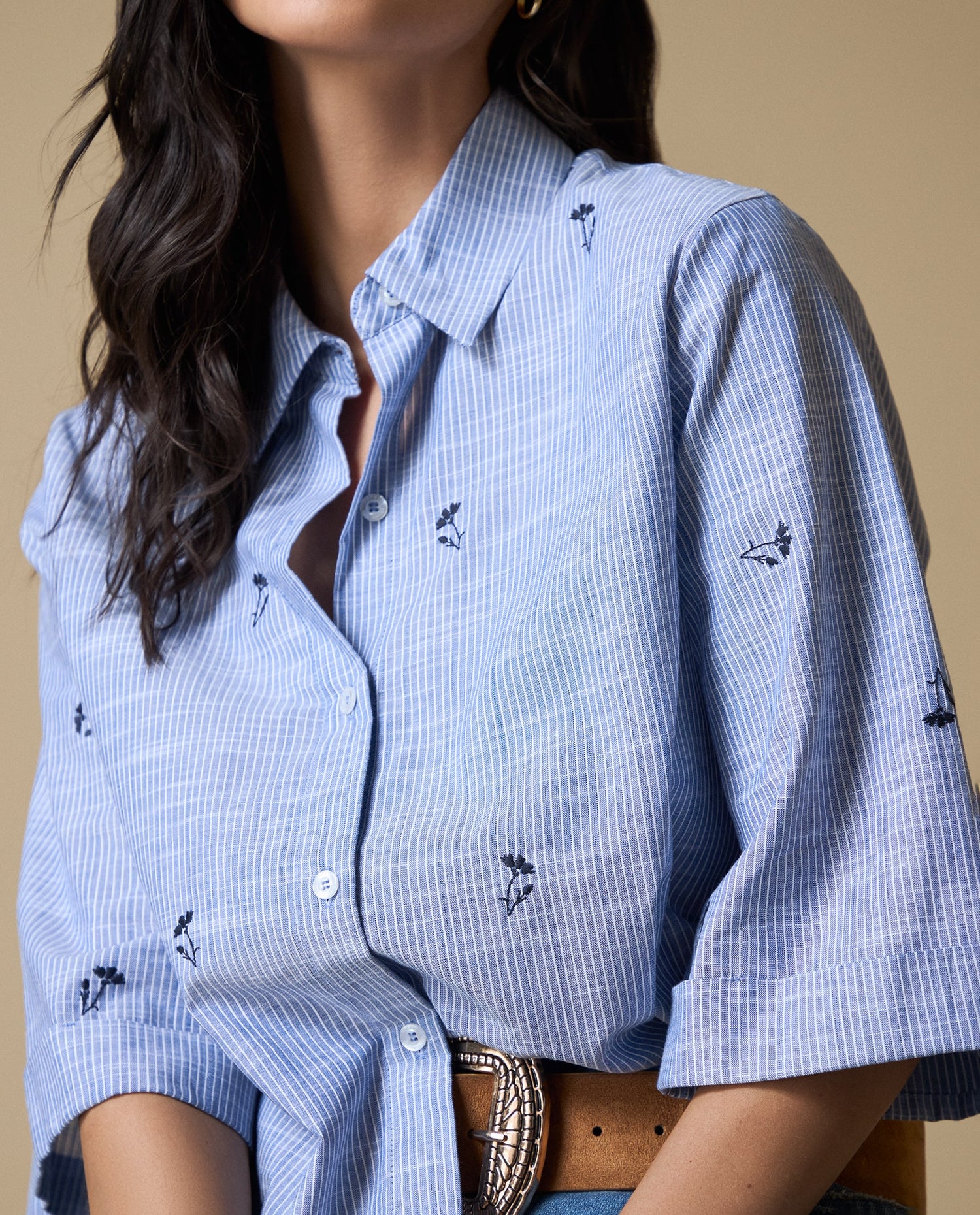 Camisa Manga 3/4 Bordada - Azul