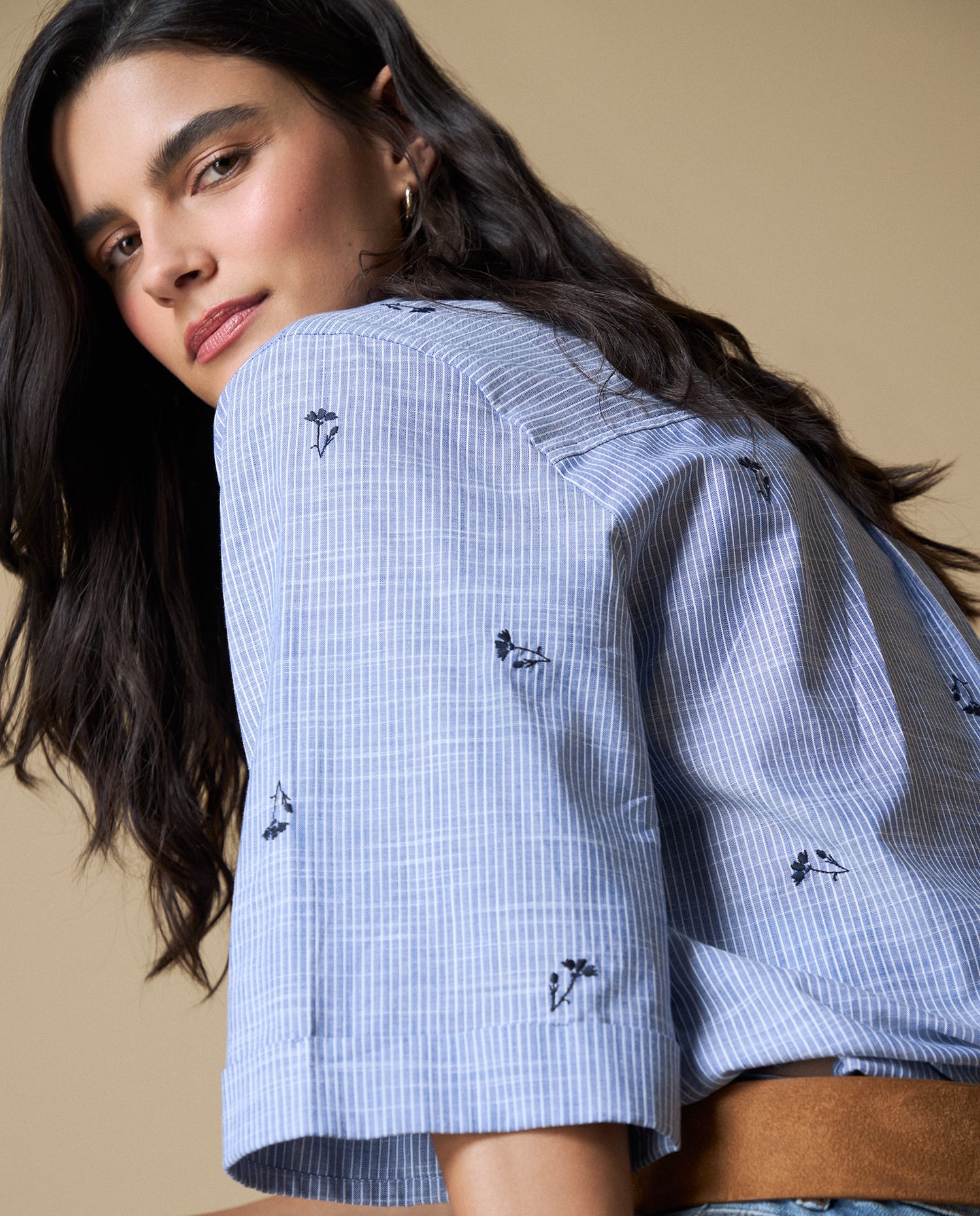 Camisa Manga 3/4 Bordada - Azul