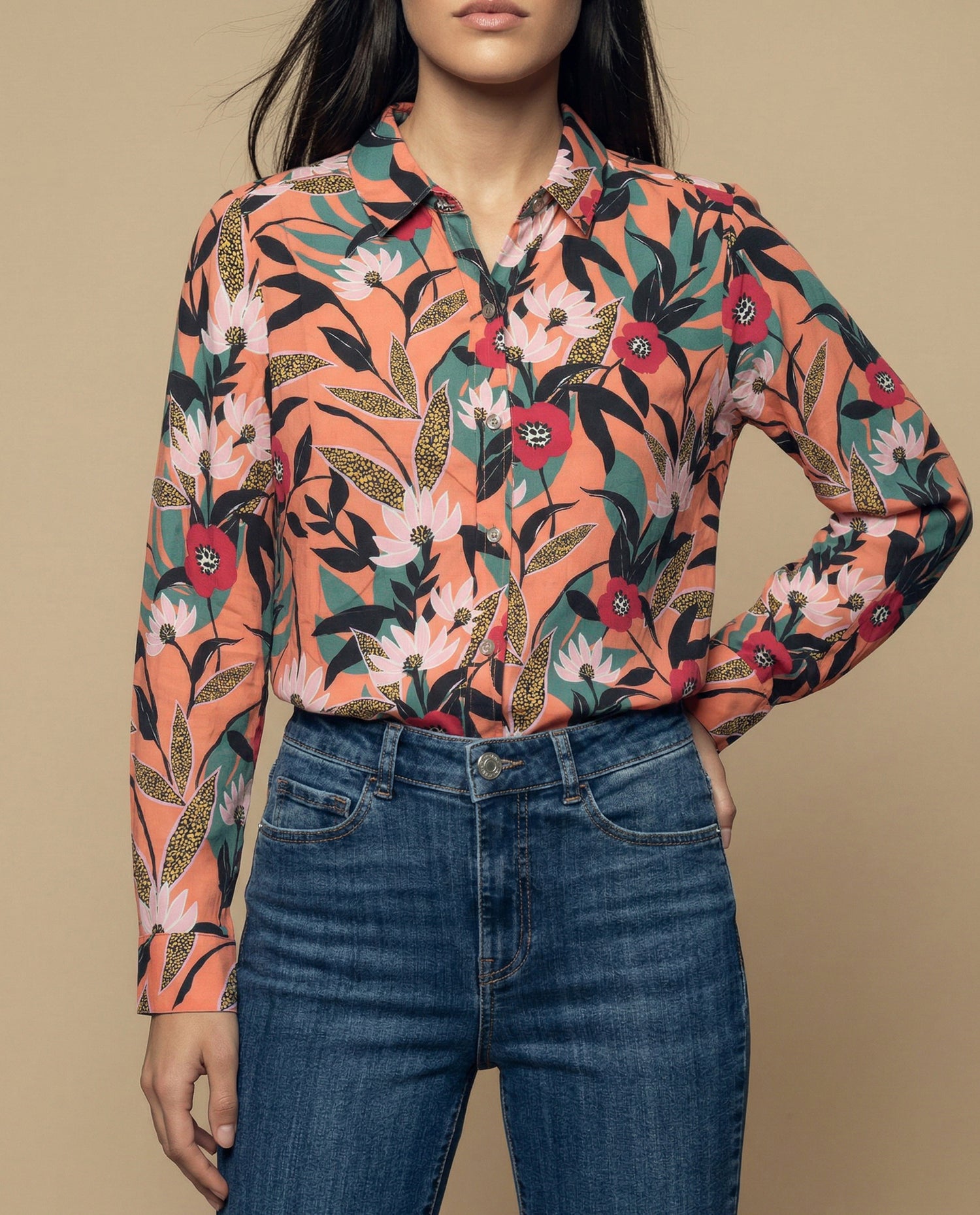 Camisa manga larga estampada floral en viscosa - Rosa