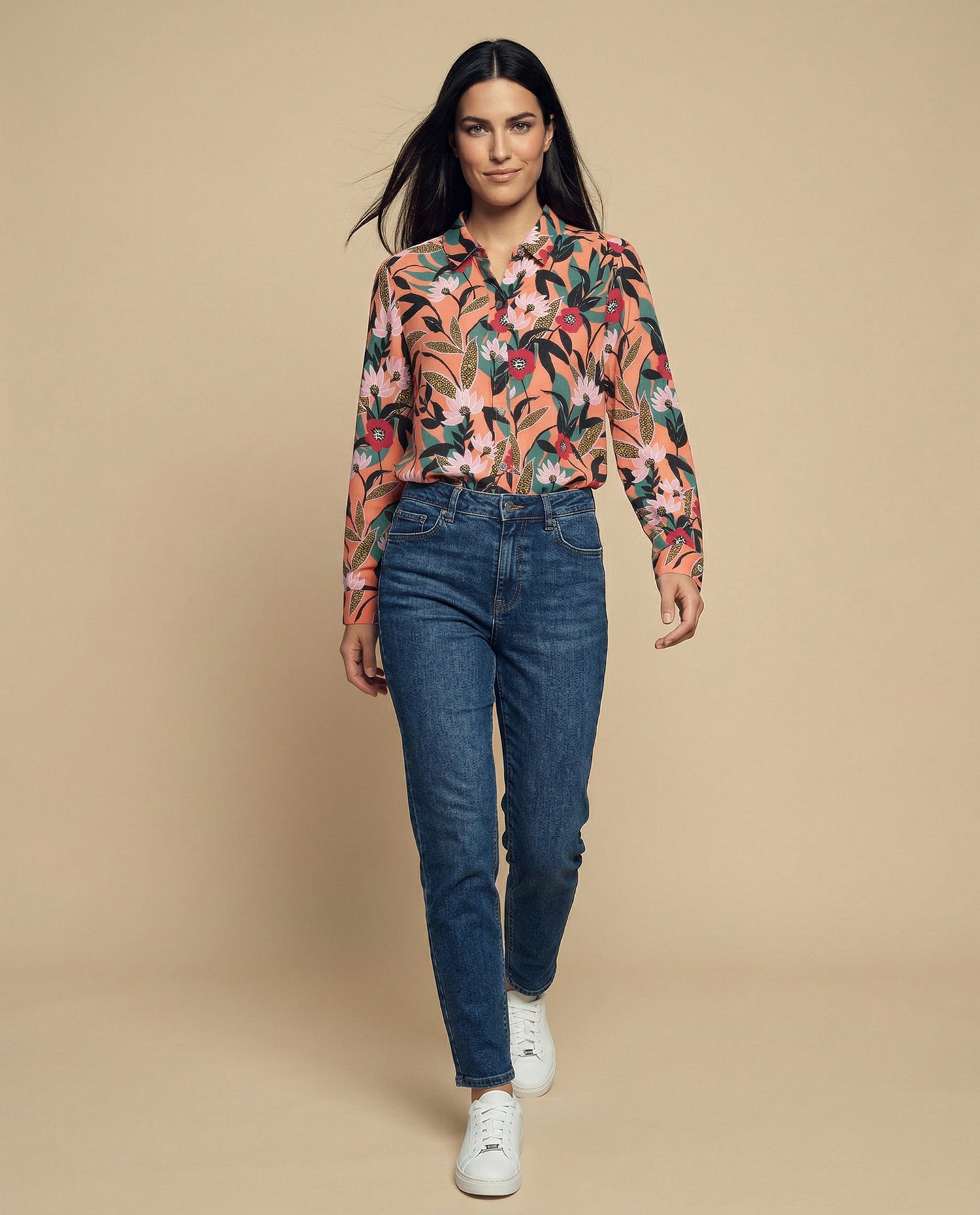 Camisa manga larga estampada floral en viscosa - Rosa