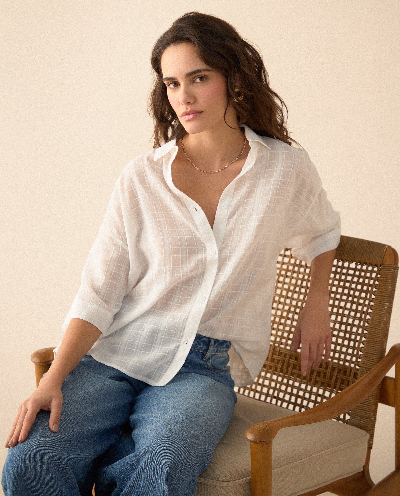 Camisa de tela con transparencia para mujer - Crudo 34_615F324_CRU144501_0