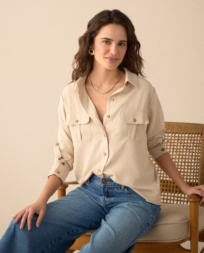 Camisa clásica manga larga para mujer - Beige 34_615F326_BEI130607_0