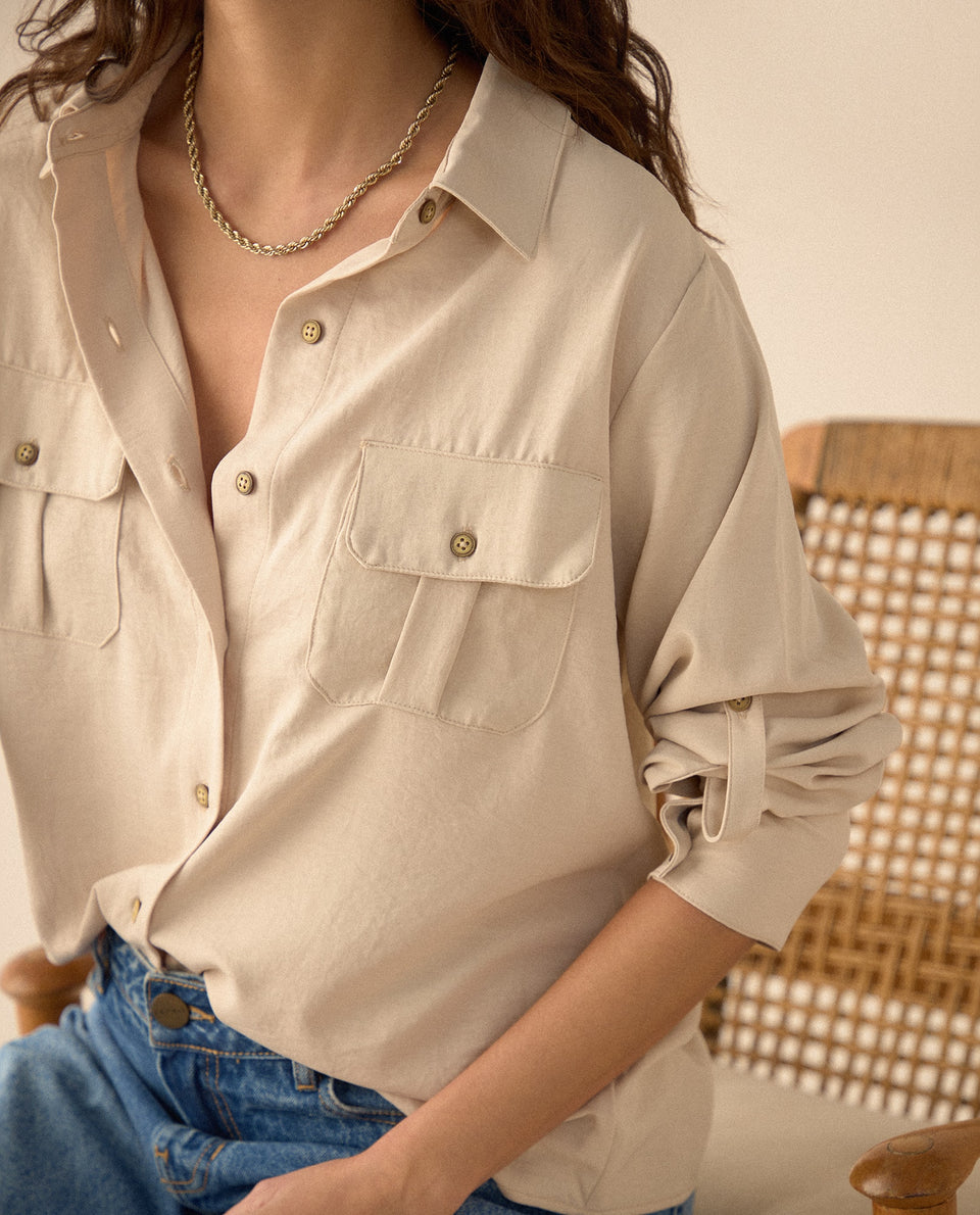Camisa clásica manga larga para mujer - Beige 34_615F326_BEI130607_3