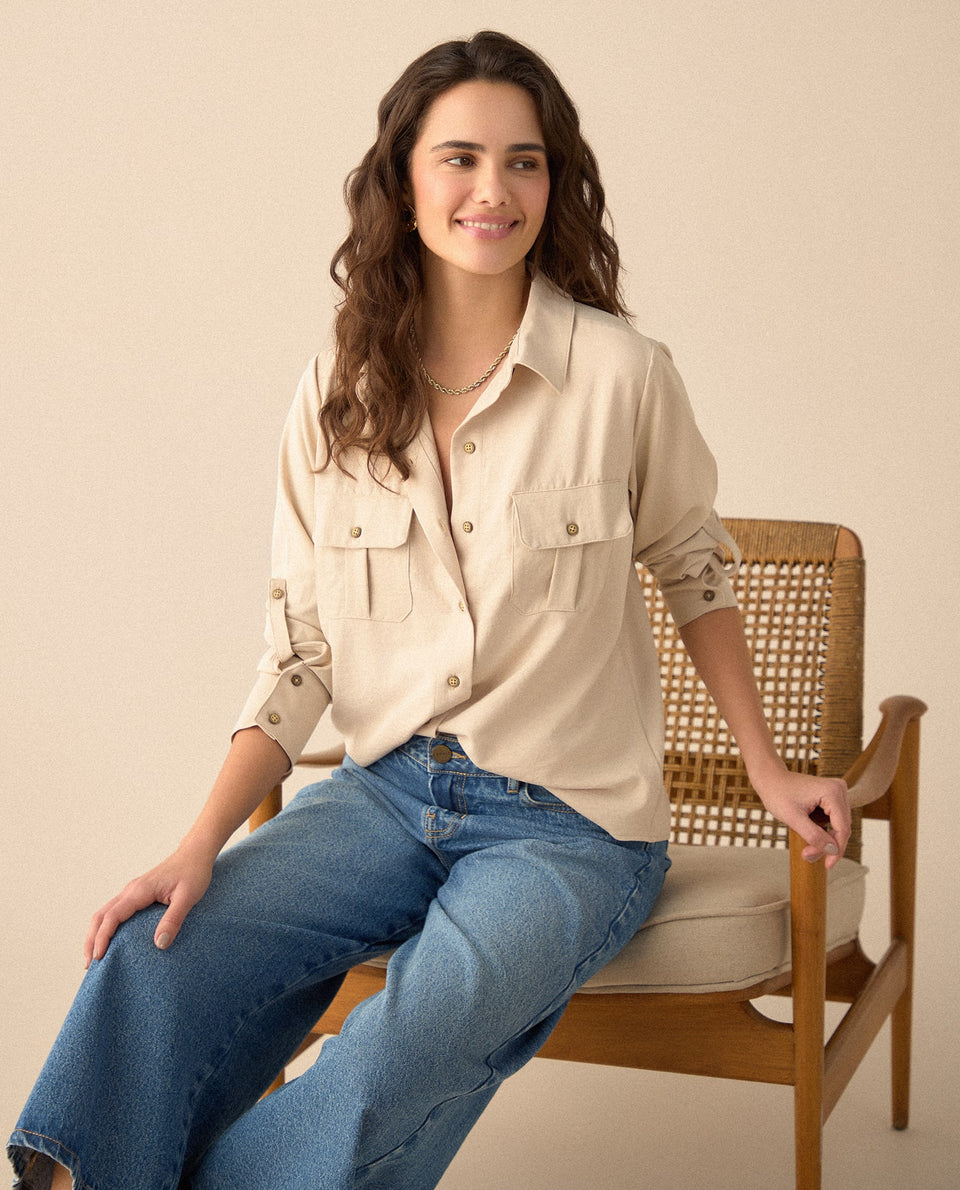 Camisa clásica manga larga para mujer - Beige 34_615F326_BEI130607_6