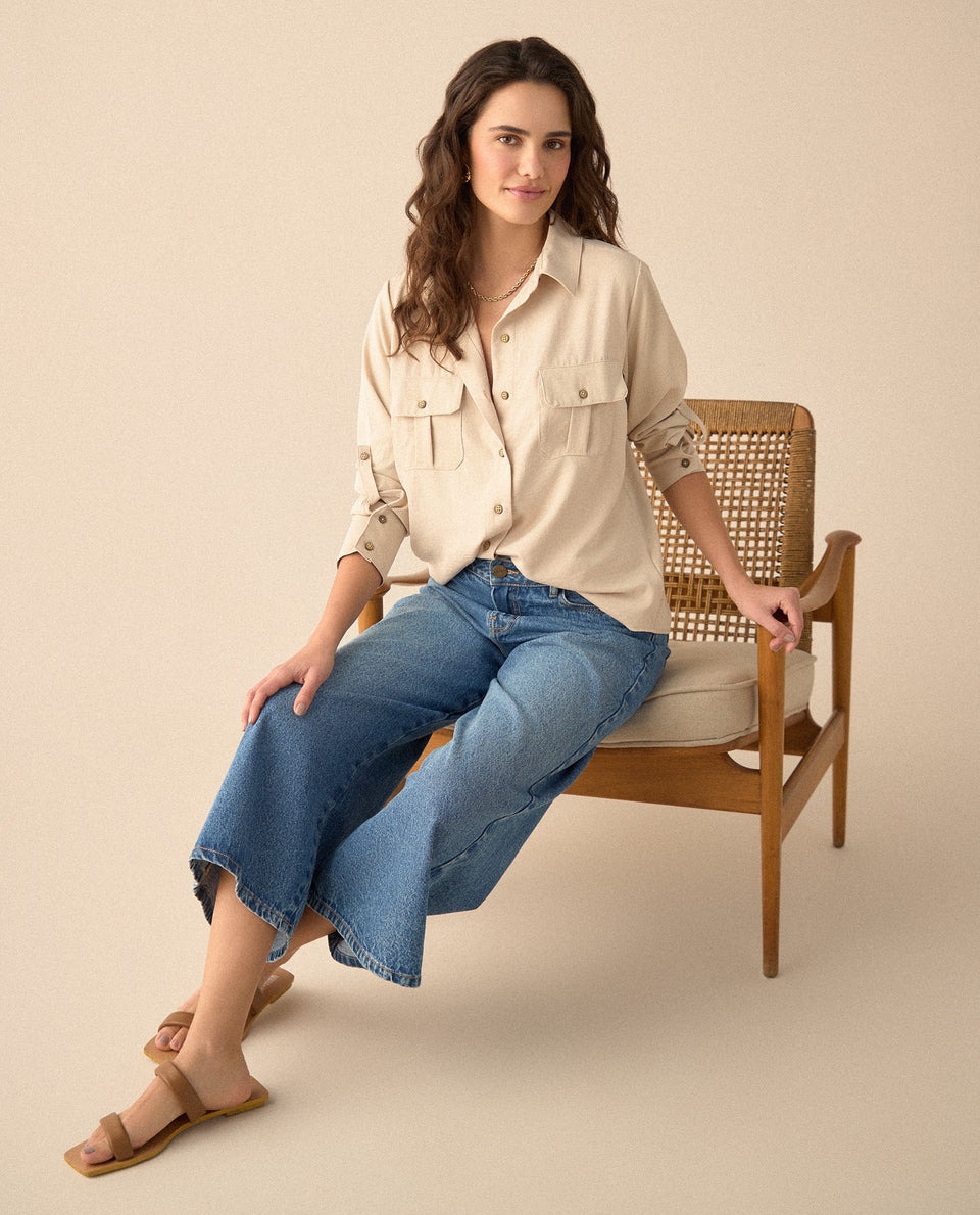 Camisa clásica manga larga para mujer - Beige 34_615F326_BEI130607_7
