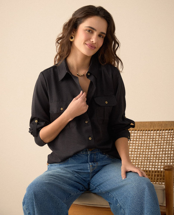 Camisa clásica manga larga para mujer - Negro 34_615F326_NEG190303_0