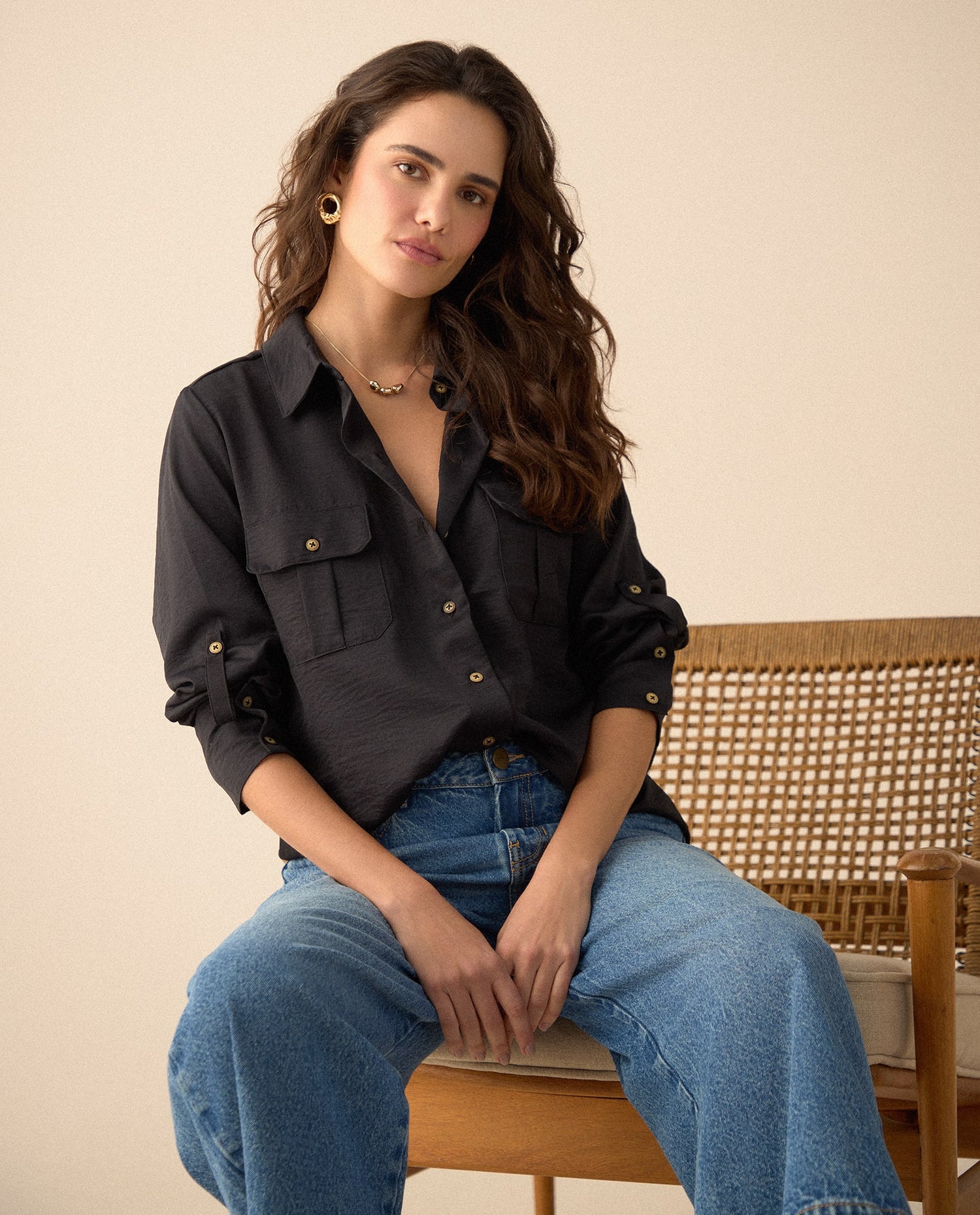 Camisa clásica manga larga para mujer - Negro