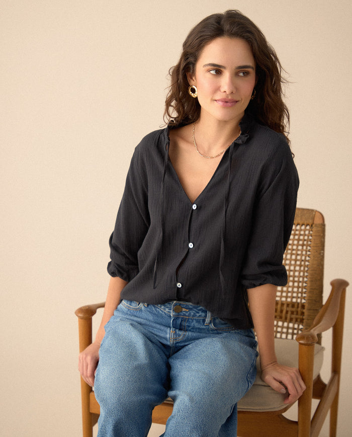 Camisa con bolero en cuello para mujer - Negro 34_615F328_NEG194003_0