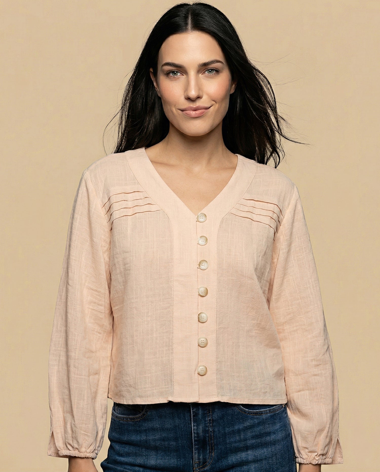 Camisa manga larga cuello camisero - Beige