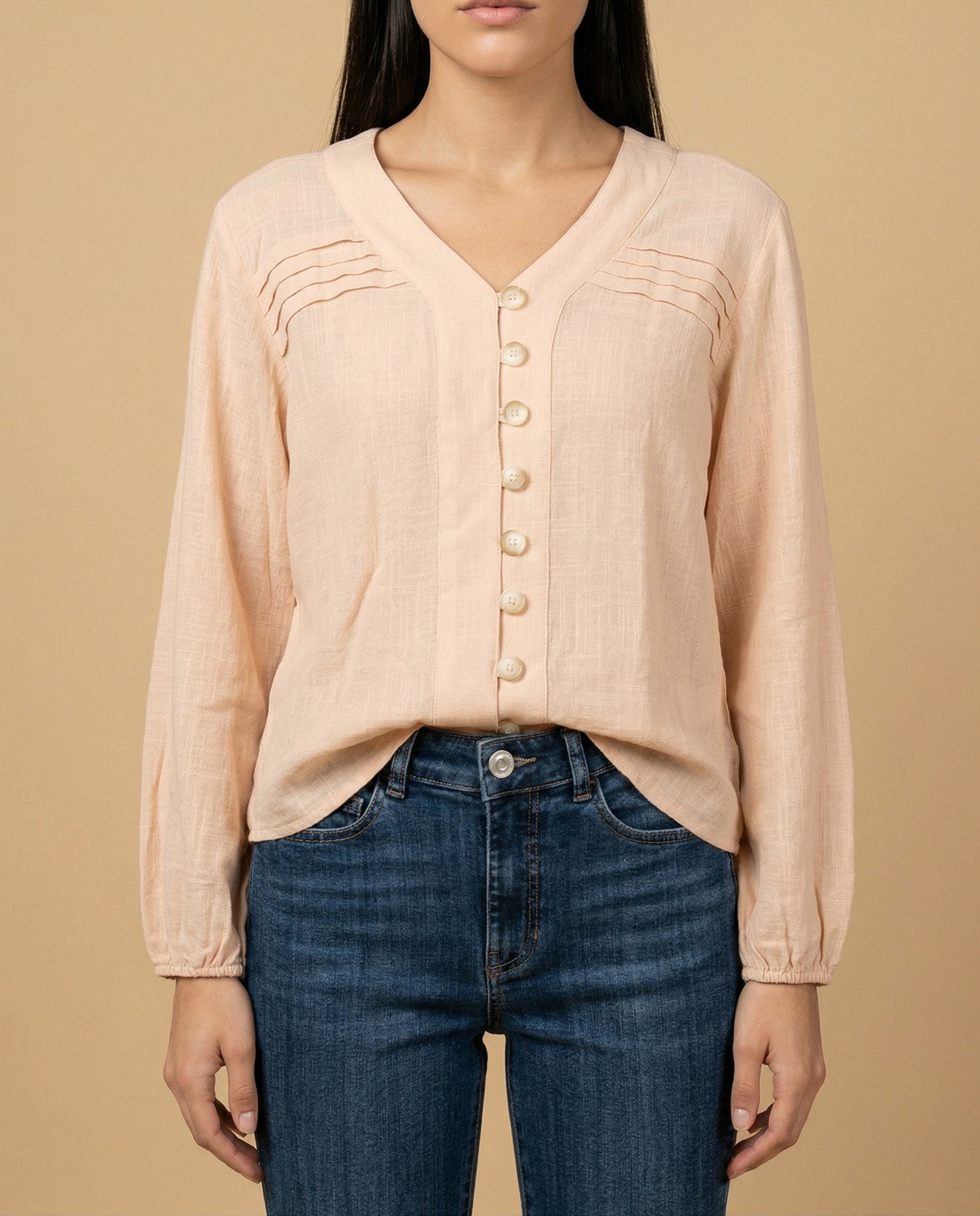 Camisa manga larga cuello camisero - Beige