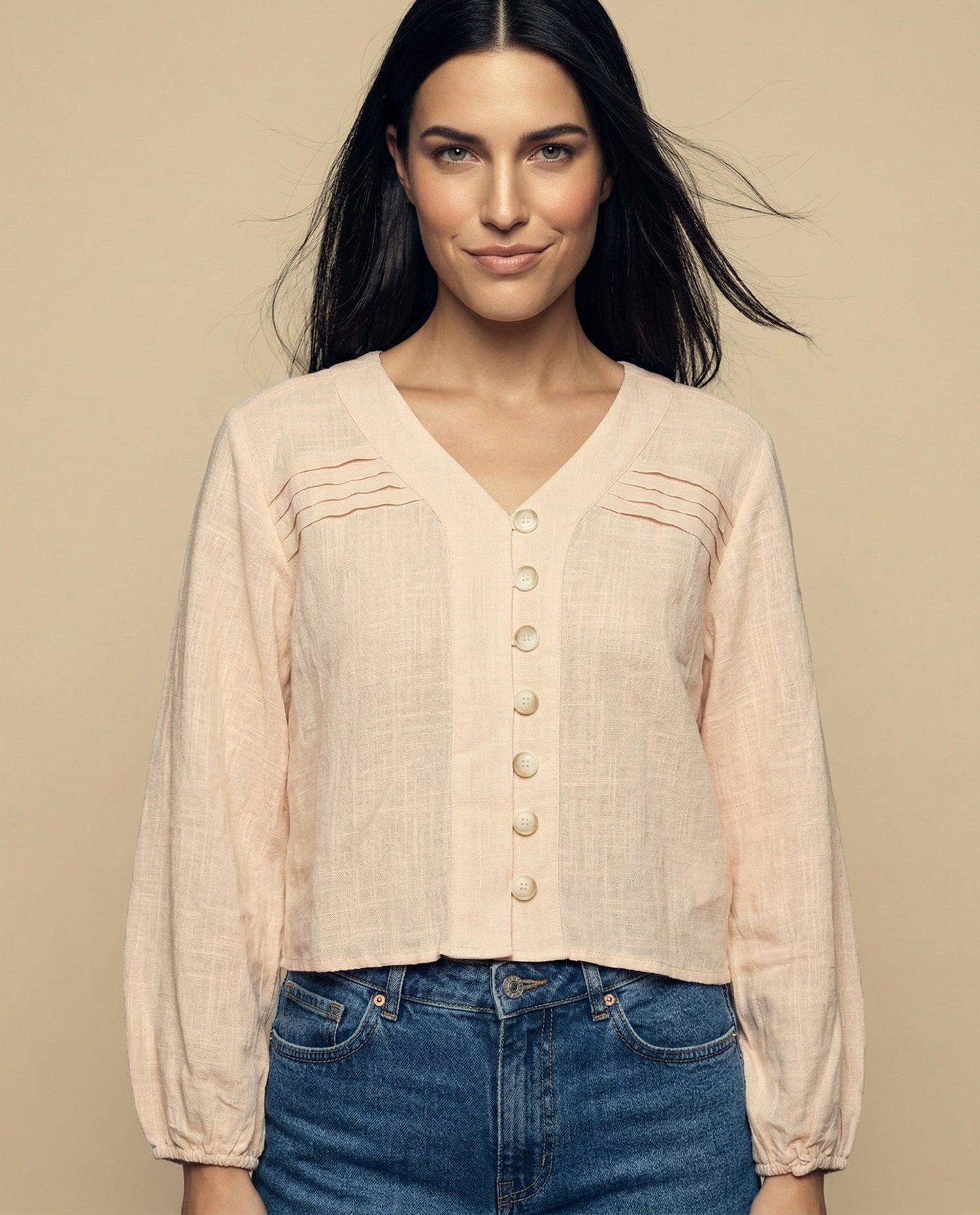 Camisa manga larga cuello camisero - Beige
