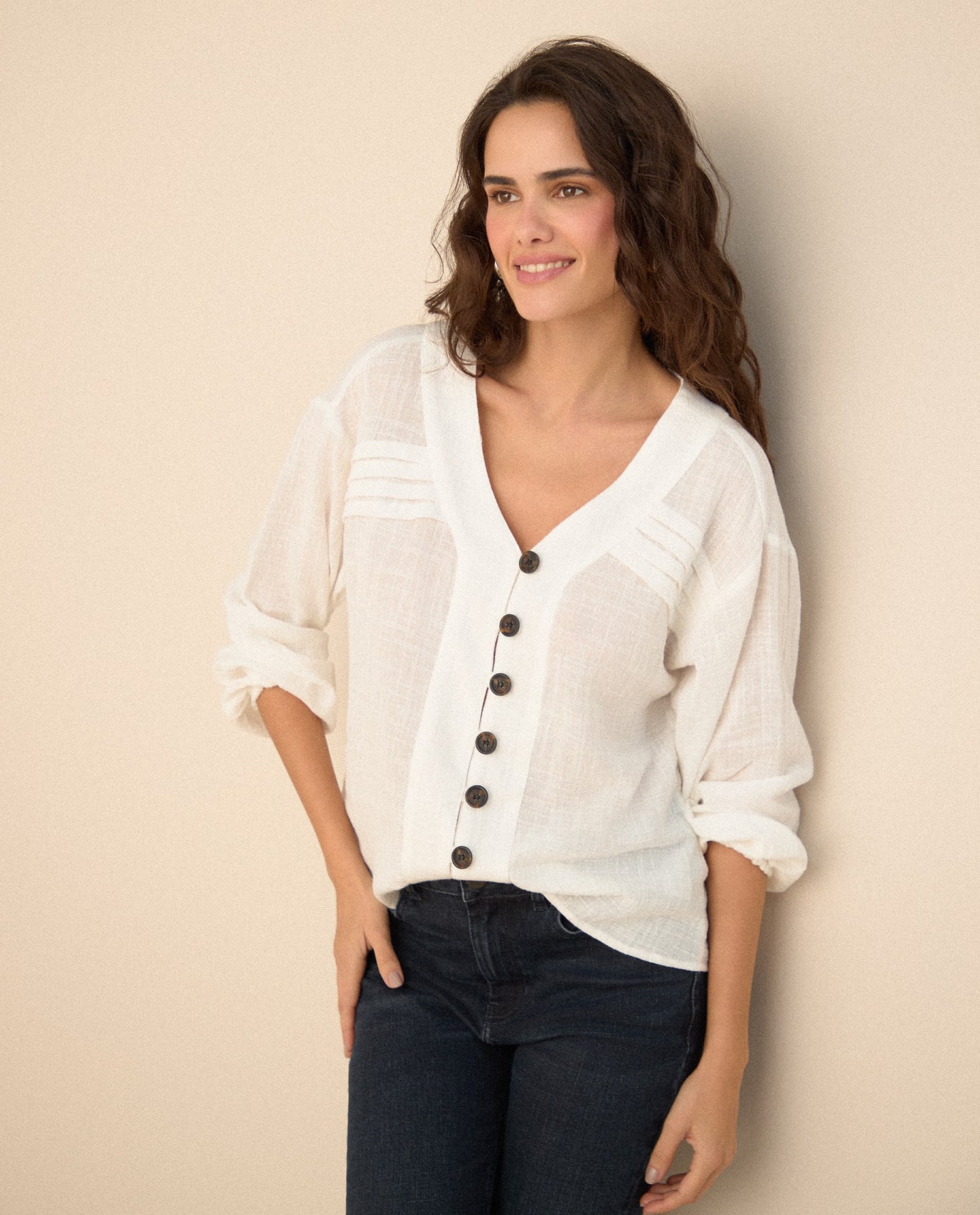 Camisa manga larga cuello camisero - Crudo