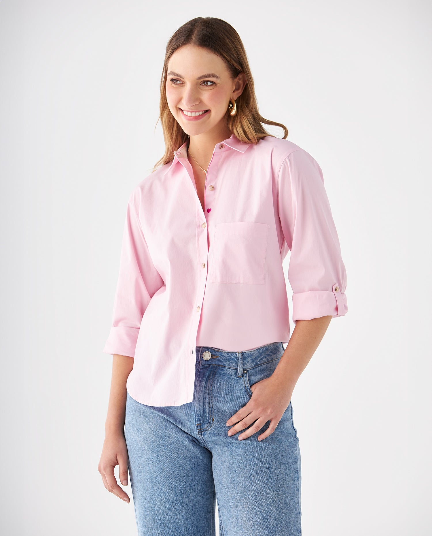 Camisa con bolsillo de parche para mujer - Rosa