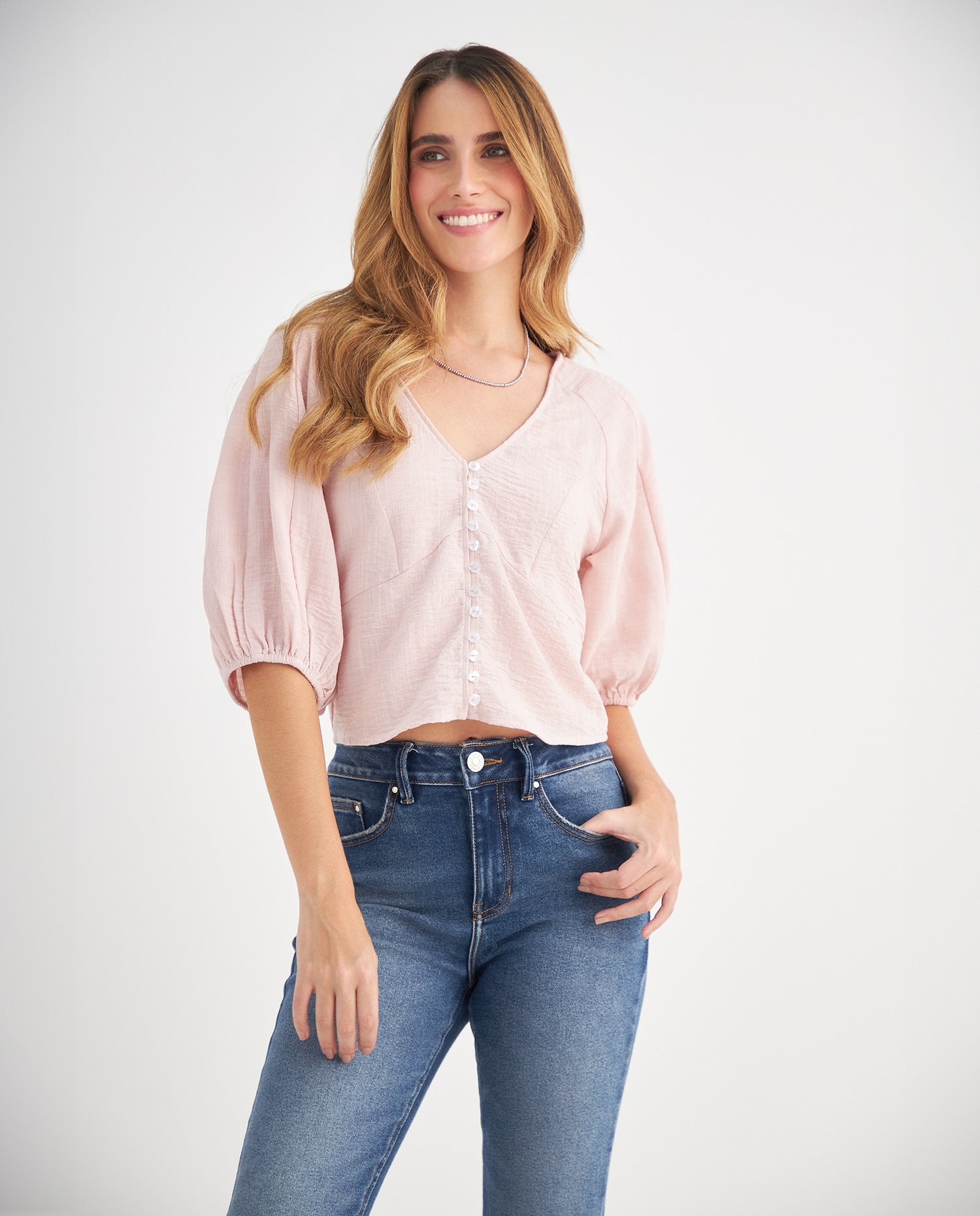 Camisa con cuello en V para mujer - Rosa