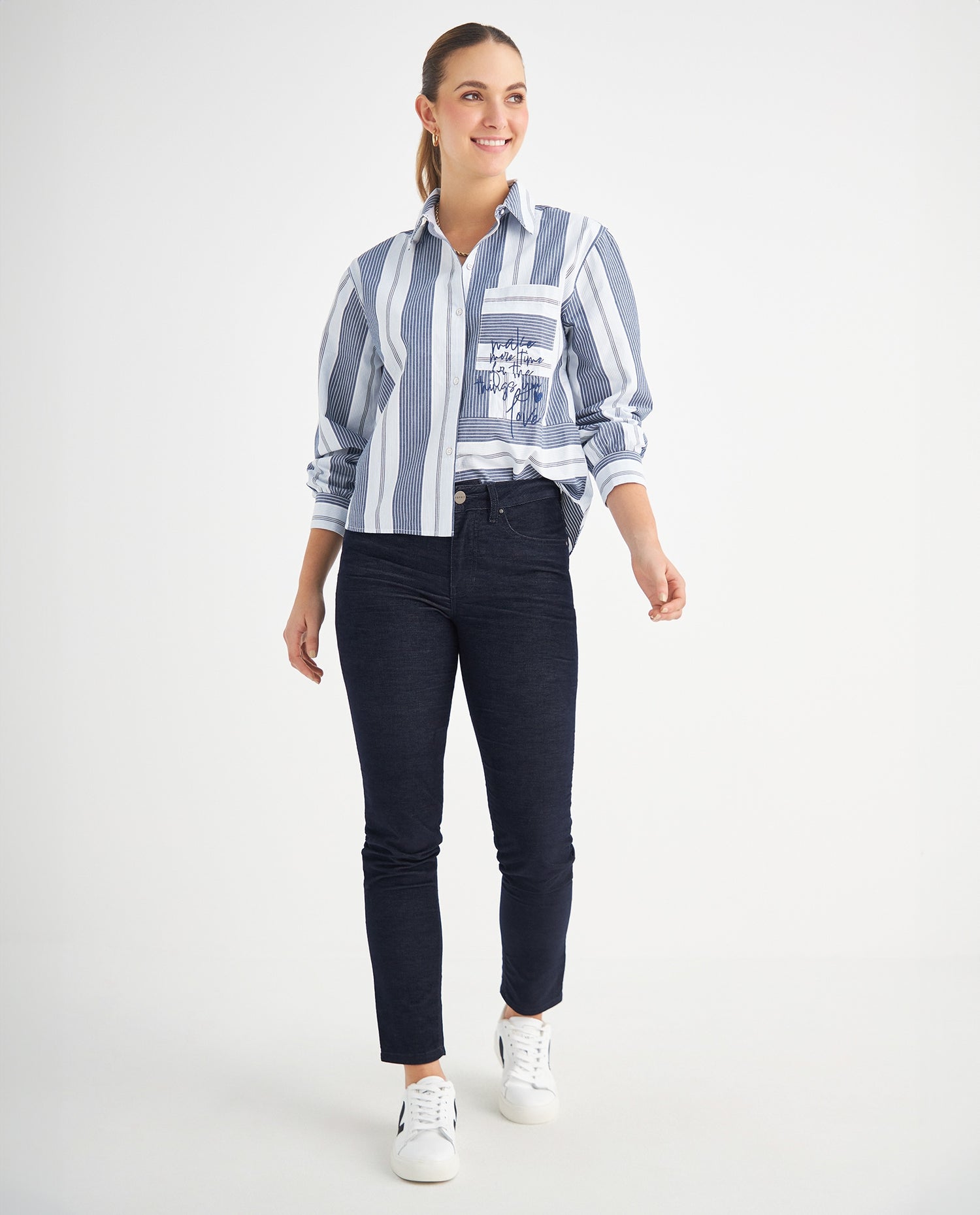 Camisa con bordado de letras para mujer - Azul