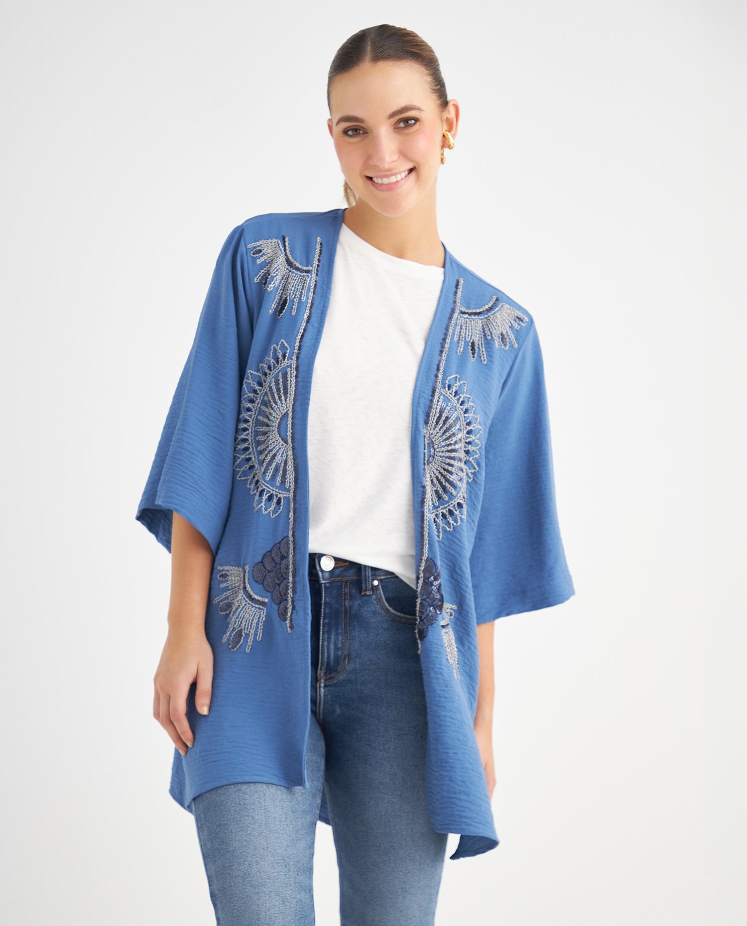 Kimono con apliques bordados para mujer - Azul